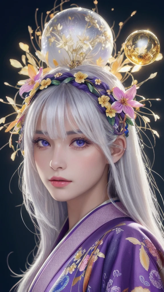 (masterpiece:1.3), (8k, photorealistic, RAW photo, highest quality:1.4), (one girl), beautiful face, (realistic face), (long hair), (silver hair, almost white hair, shiny hair, beautiful straight hair), (even bangs), (sharp bangs), straight hairstyle, realistic eyes, beautiful detailed eyes (purple eyes), (sharp eyes), (realistic skin), beautiful skin, (kimono), (magician-like kimono), (floral hair ornament), attractive, ultra high resolution, ultra realistic, highly detailed, golden ratio, colorful background, (flowers blooming), (energy dancing background), magician, facing front, facing from shoulder, looking straight ahead, holding crystal ball