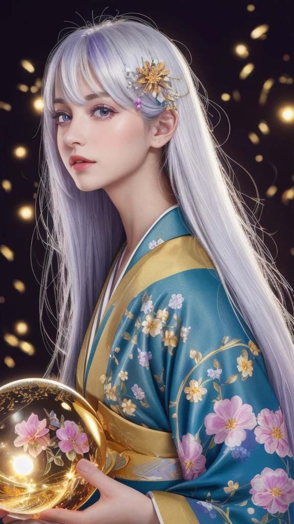 (masterpiece:1.3), (8k, photorealistic, RAW photo, highest quality:1.4), (one girl), beautiful face, (realistic face), (long hair), (silver hair, almost white hair, shiny hair, beautiful straight hair), (even bangs), (sharp bangs), straight hairstyle, realistic eyes, beautiful detailed eyes (purple eyes), (sharp eyes), (realistic skin), beautiful skin, (kimono), (magician-like kimono), (floral hair ornament), attractive, ultra high resolution, ultra realistic, highly detailed, golden ratio, colorful background, (flowers blooming), (energy dancing background), magician, facing front, facing from shoulder, looking straight ahead, holding crystal ball
