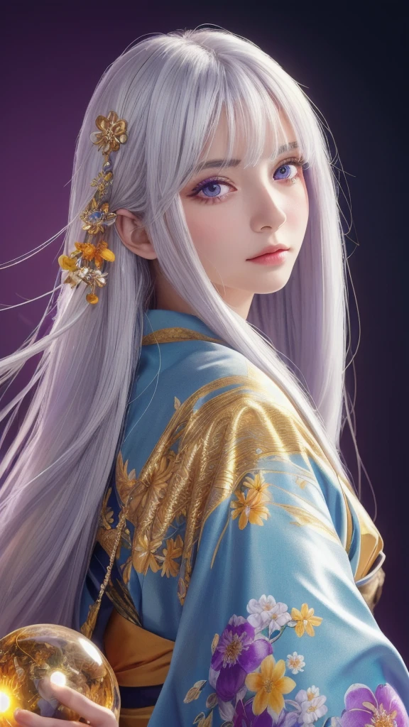 (masterpiece:1.3), (8k, photorealistic, RAW photo, highest quality:1.4), (one girl), beautiful face, (realistic face), (long hair), (silver hair, almost white hair, shiny hair, beautiful straight hair), (even bangs), (sharp bangs), straight hairstyle, realistic eyes, beautiful detailed eyes (purple eyes), (sharp eyes), (realistic skin), beautiful skin, (kimono), (magician-like kimono), (floral hair ornament), attractive, ultra high resolution, ultra realistic, highly detailed, golden ratio, colorful background, (flowers blooming), (energy dancing background), magician, facing front, facing from shoulder, looking straight ahead, holding crystal ball