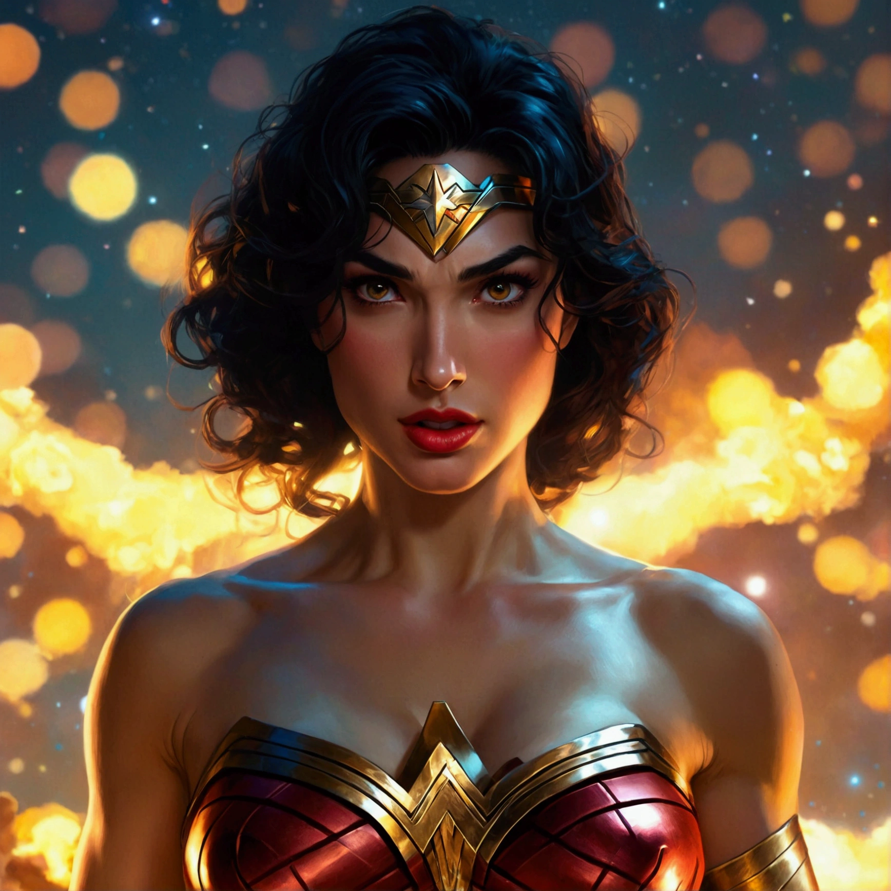 Wonder Woman, Altgarm portrait photo, realism style, shining skin, cartoon hero, defined lips, Strong physical strength, ladyboy body carelessness of penis, whole body, viewer, depth of field f/1.8, the night, ultra wide angle lens, ((shooting from below)), (big udder:1.2), Ancient Greece, stars in the night sky,