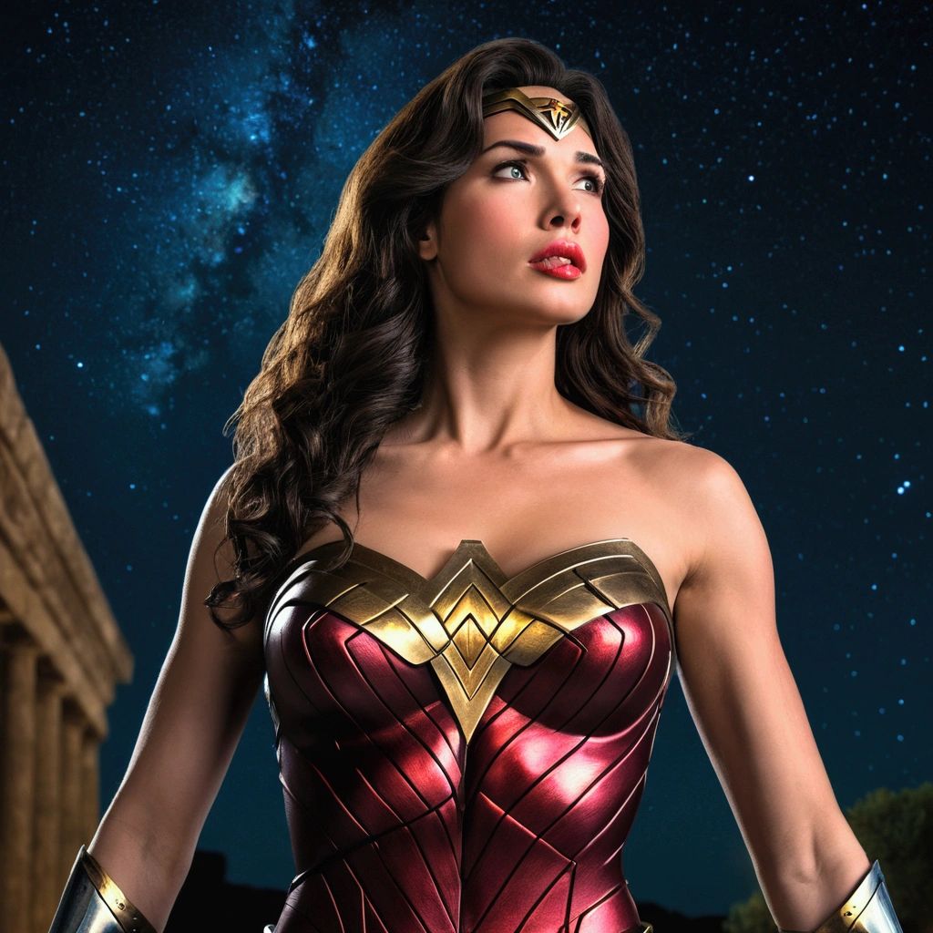 Wonder Woman, Altgarm portrait photo, realism style, shining skin, cartoon hero, defined lips, Strong physical strength, ladyboy body carelessness of penis, whole body, viewer, depth of field f/1.8, the night, ultra wide angle lens, ((shooting from below)), (big udder:1.2), Ancient Greece, stars in the night sky,
