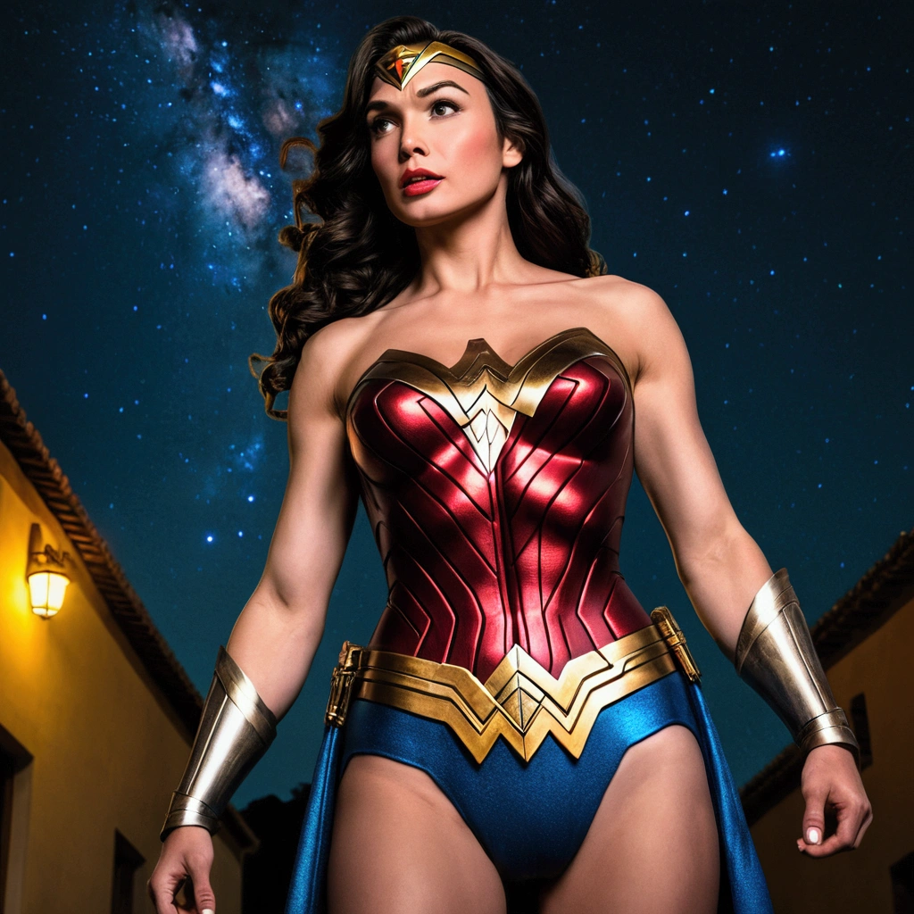 Wonder Woman, Altgarm portrait photo, realism style, shining skin, cartoon hero, defined lips, Strong physical strength, ladyboy body carelessness of penis, whole body, viewer, depth of field f/1.8, the night, ultra wide angle lens, ((shooting from below)), (big udder:1.2), Ancient Greece, stars in the night sky,