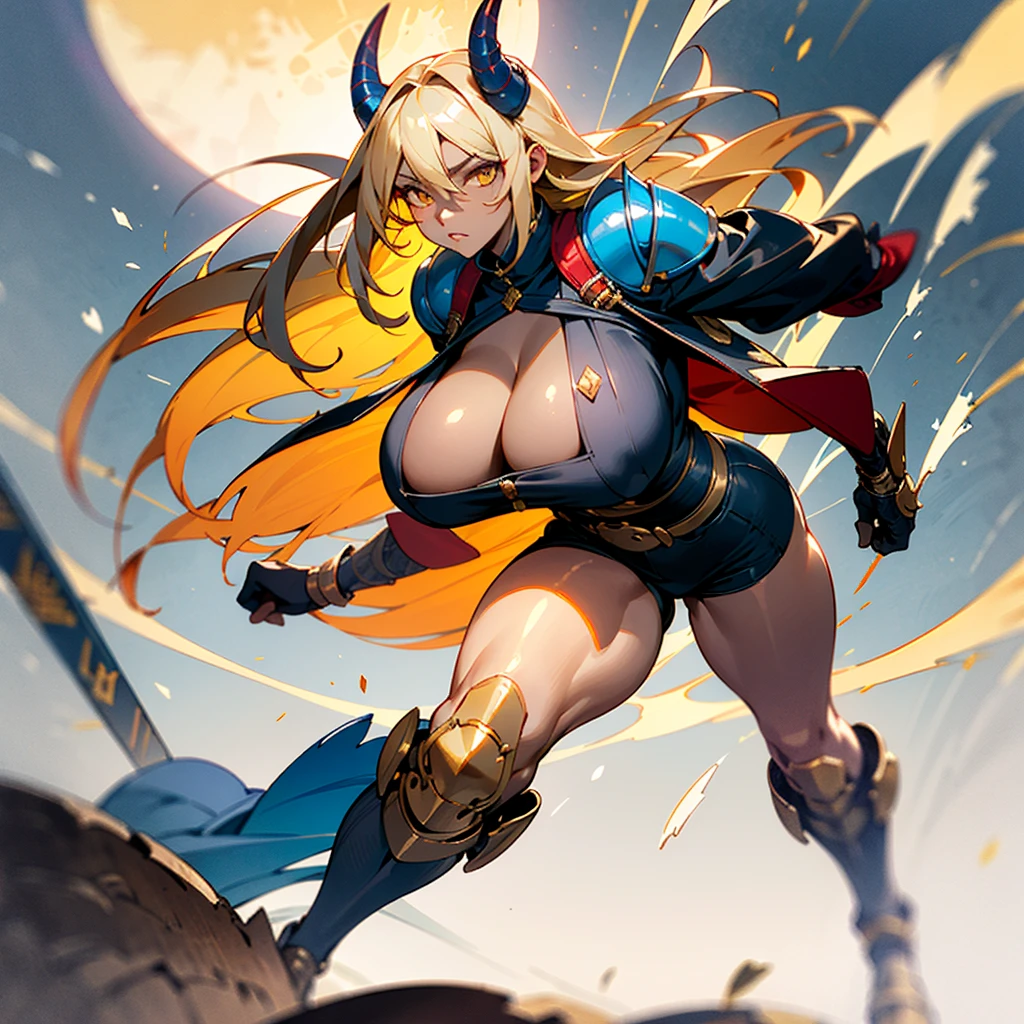 ((best quality)), ((masterpiece)), (detailed), 1girl, 8k_wallpaper, extremely detailed eyes, extremely detailed body, (large masterpiece digital art), ((perfect anatomy huge chest)), (intricate details:1.3 ), (ultra-detailed:1.3), (sharp focus:1.3), (natural lighting:1.05), (vivid colors:1.3), (best quality:1.4), high quality, expressive eyes, full body, tall girl, detailed face, beautiful face, perfect face, detailed ((blonde hair)), (gold eyes), ((large big red and blue horns)), {{dark skin}}, ({dark skinned female}), gigantic breasts, thick thighs, strong arm and leg muscles, strong abdominal muscles, Monster women, Korean women, wearing a modern short black cloth jacket with rolled up sleeves, (wearing heavy gold colored steel armor), a wide red leather belt with blue steel yarn, steel boots, steel thigh guards, running under by the light of the moon through the forest with long daggers in hands against a background of blooming flowers and grass with tall trees,