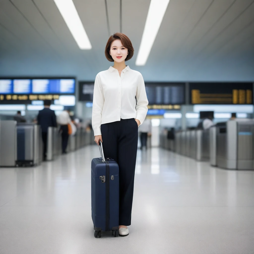 Beautiful 50s Korean woman , 32 inch chest size, Your eyes are big and pretty. Short in stature. Standing in the departure hall of the airport. . short medium hair, Standing in line at the departure hall of Frankfurt Airport, Germany. Wearing comfortable travel clothes with casual pants. .Dragging a suitcase. short medium hair, short height, Full body shot with Canon camera 16-35 wide angle lens, short medium hair. expressionless, full body shot, perfect fingers, Make the airport electronic display visible, 멀리 full body shot, I see an electronic display board, uhd