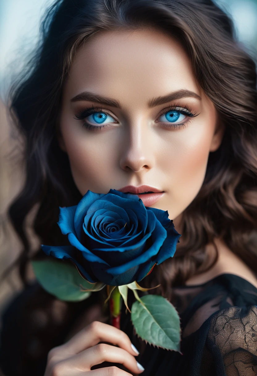 a woman with blue eyes, flawless skin, half body shot, holding a black rose, whimsical photography style, captured with an Arriflex 35BL camera using Canon K25 prime lenses, cinematic, dramatic lighting, ultra clear, breathtaking surreal masterpiece.
