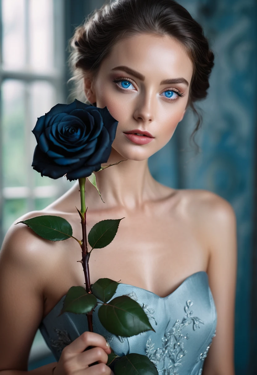 a woman with blue eyes, flawless skin, half body shot, holding a black rose, whimsical photography style, captured with an Arriflex 35BL camera using Canon K25 prime lenses, cinematic, dramatic lighting, ultra clear, breathtaking surreal masterpiece.
