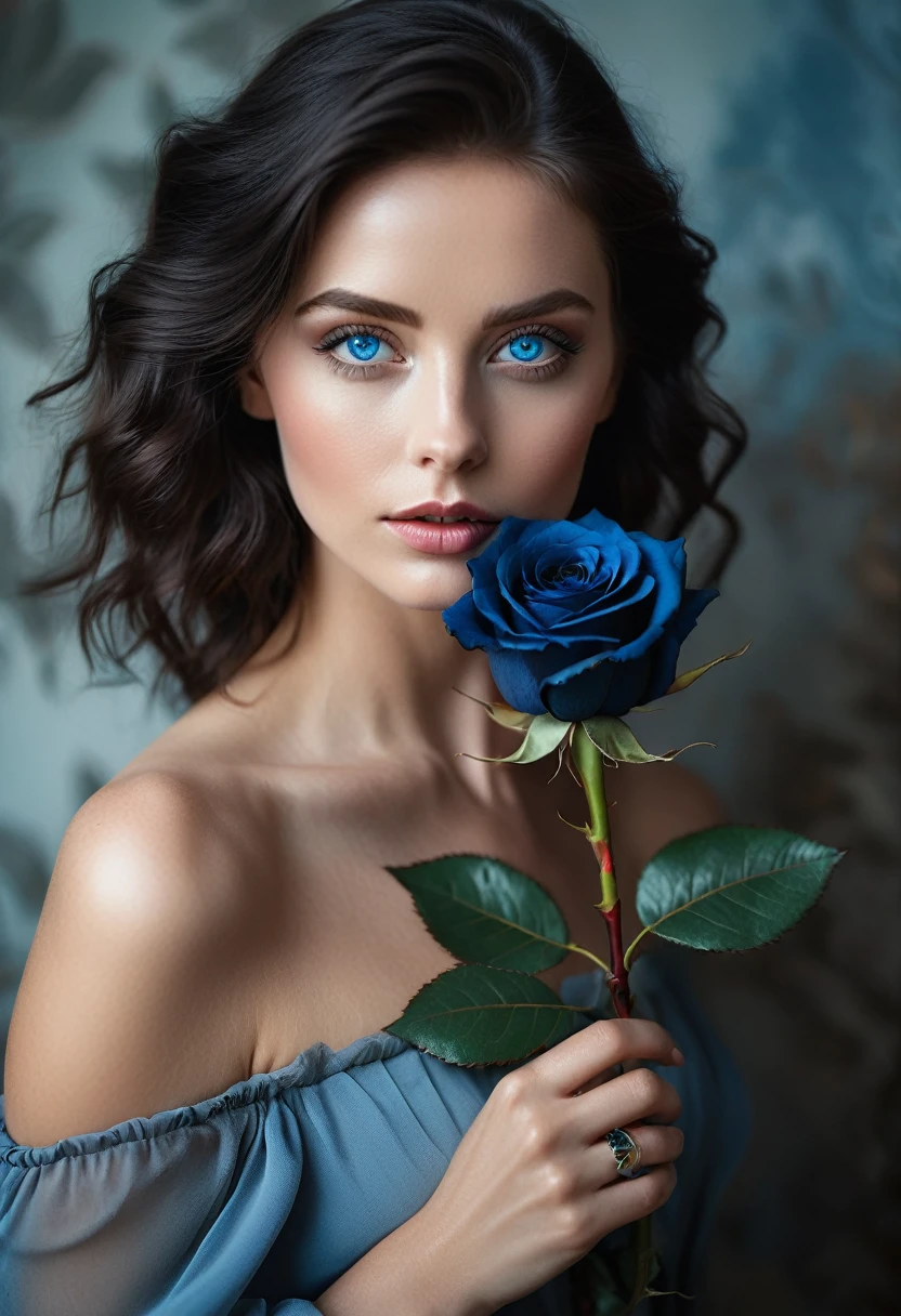 a woman with blue eyes, flawless skin, half body shot, holding a black rose, whimsical photography style, captured with an Arriflex 35BL camera using Canon K25 prime lenses, cinematic, dramatic lighting, ultra clear, breathtaking surreal masterpiece.