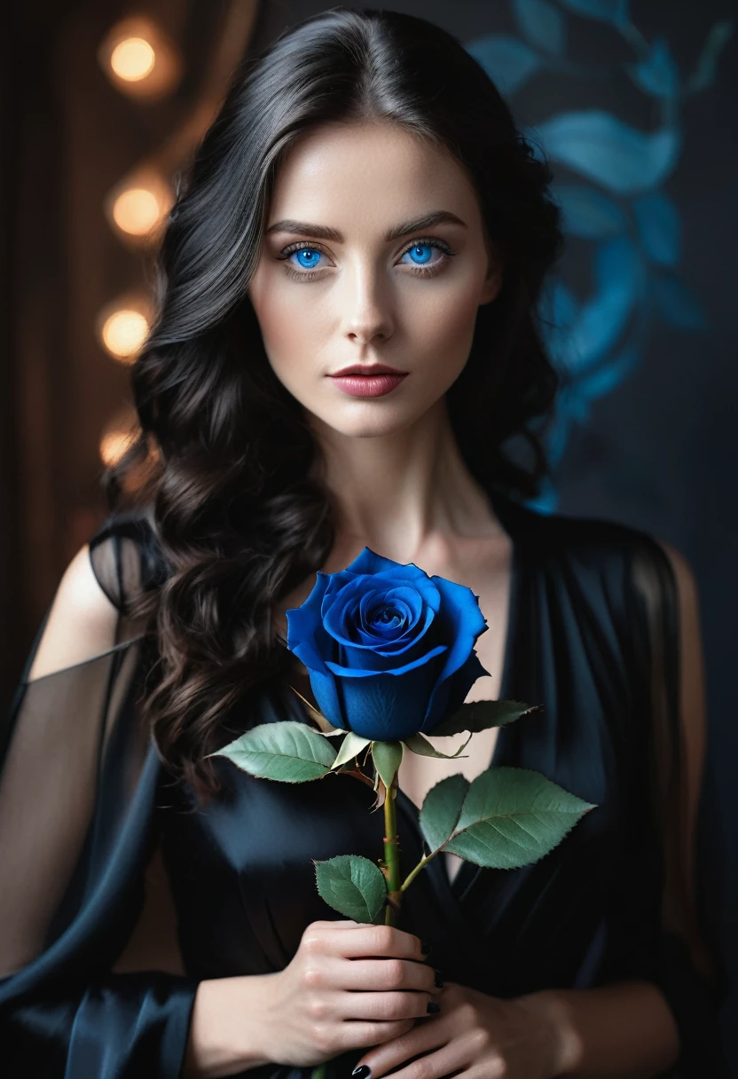 a woman with blue eyes, flawless skin, half body shot, holding a black rose, whimsical photography style, captured with an Arriflex 35BL camera using Canon K25 prime lenses, cinematic, dramatic lighting, ultra clear, breathtaking surreal masterpiece.
