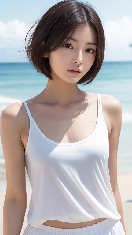 high resolution、Japanese women、beautiful、Beautiful woman、Woman in her 20s、Short Hair、Small Face、Ocean、beach、beautiful、Realistic、White tank top、