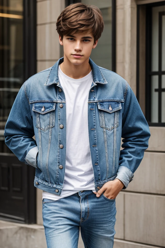 Generate 4 images with the following characteristics: Perform a 20 year old boy, 1.76 tall, slim build, Oval face, light brown hair, Hazel eyes, messy hair and short on the sides and with bangs at the height of the eyebrow, thick lips, dressed in light blue straight-cut jeans, a white t-shirt with an inscription from The Eras Tour of , an open jean jacket and jordan sneakers