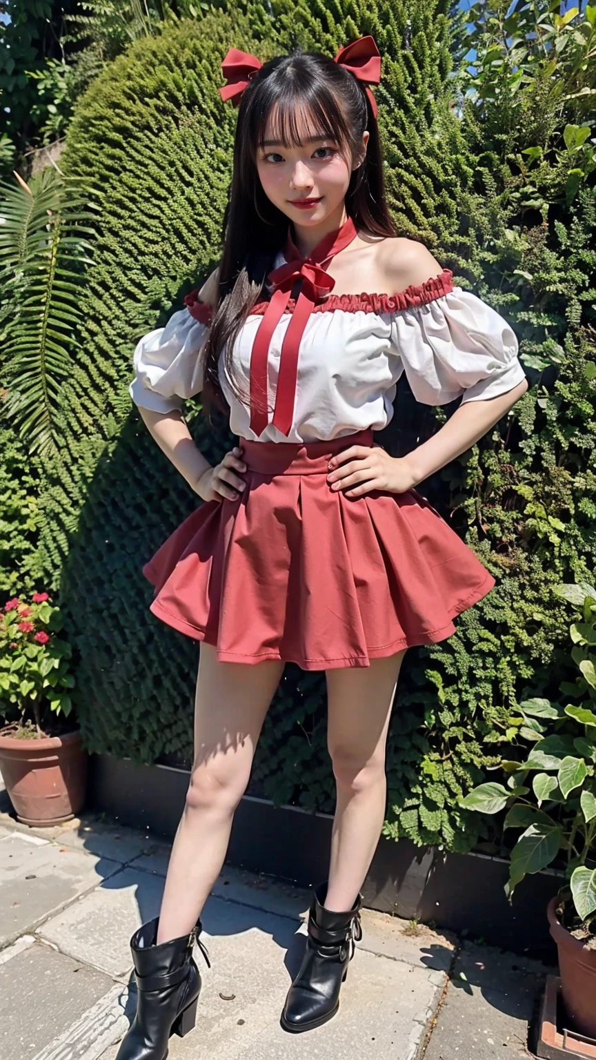 (8K、RAW Photos、Highest quality、masterpiece:1.2)、(Highest quality、Realistic)、1 Girl、((Frills、smile、See-through、Off the shoulder、tights、red and black mini skirt、Thin legs、whole body、boots、garden、View from the front、Looking into the camera、Idol Costume、、Stand with hands on hips))、cute