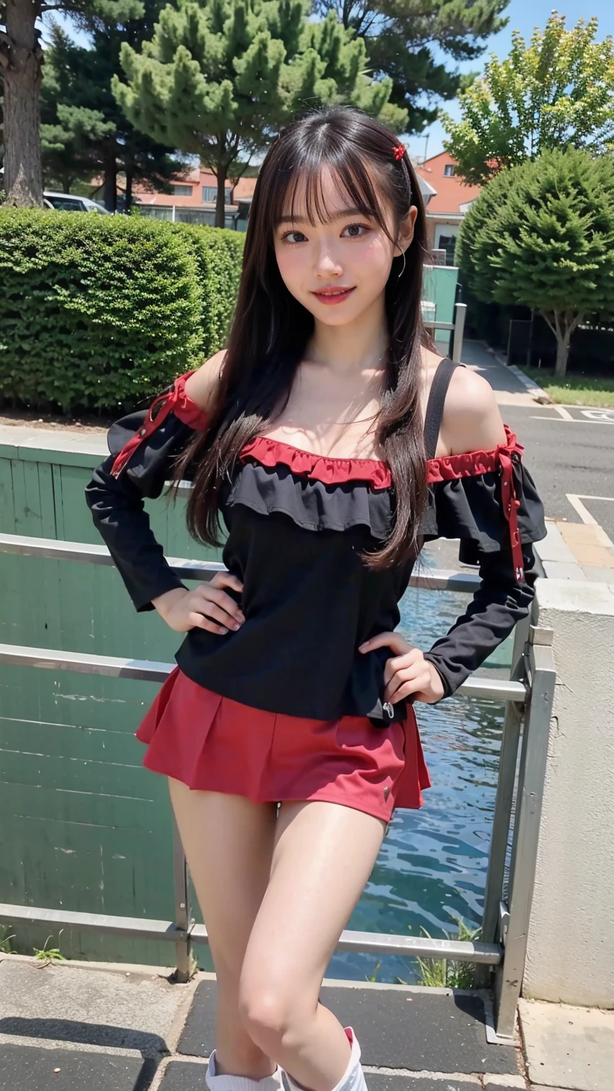 (8K、RAW Photos、Highest quality、masterpiece:1.2)、(Highest quality、Realistic)、1 Girl、((Frills、smile、See-through、Off the shoulder、tights、red and black mini skirt、Thin legs、whole body、boots、garden、View from the front、Looking into the camera、Idol Costume、、Stand with hands on hips))、cute