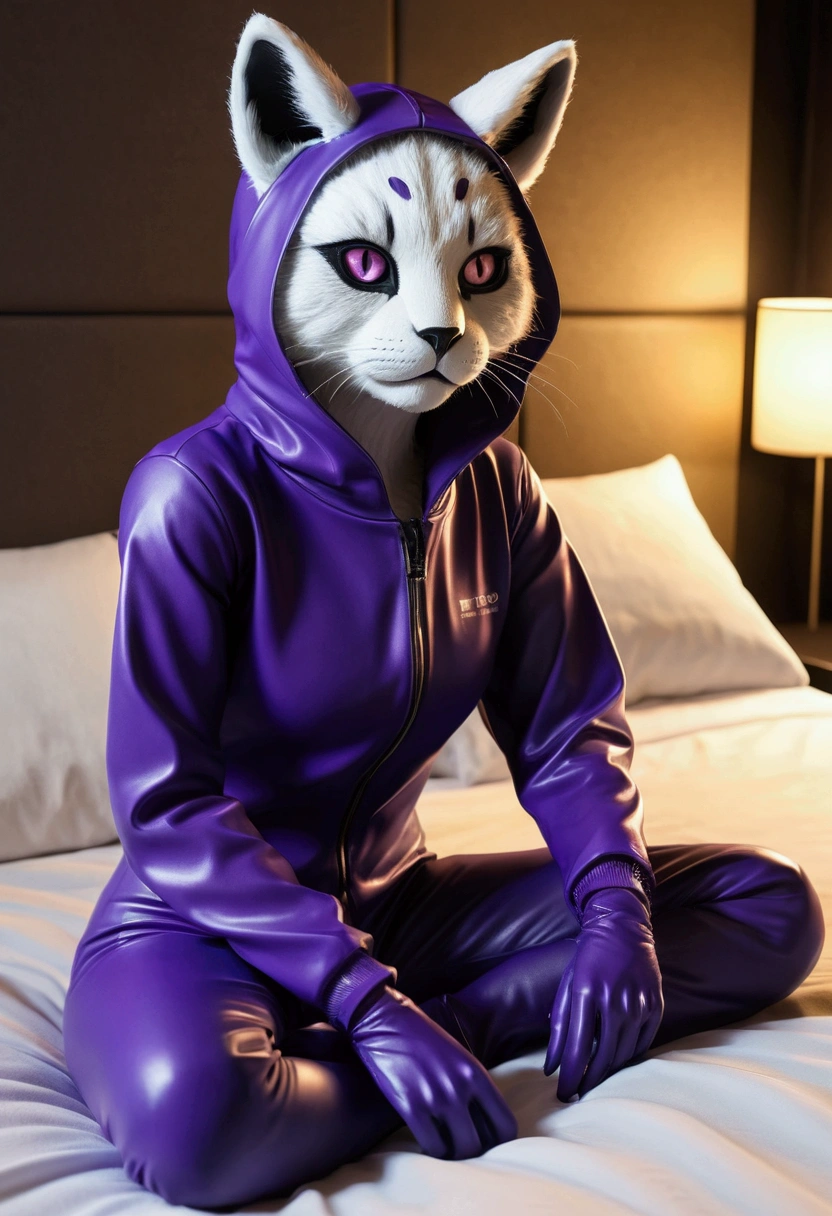 Highest quality, Highest quality, High quality illustrations, masterpiece, Ultra-high resolution, Detailed Background, room, On the bed, Absurd, Perfect Anatomy, performance, Good lighting, Shadows in the movies(kemono, Furry PersonifiCation), Cat, Black Skin, Rubber suit, Rubber suit, latex, neon, neonライト, neonカラー, Purple rubber hoodie, ribbon, Rubber mask, juvenile