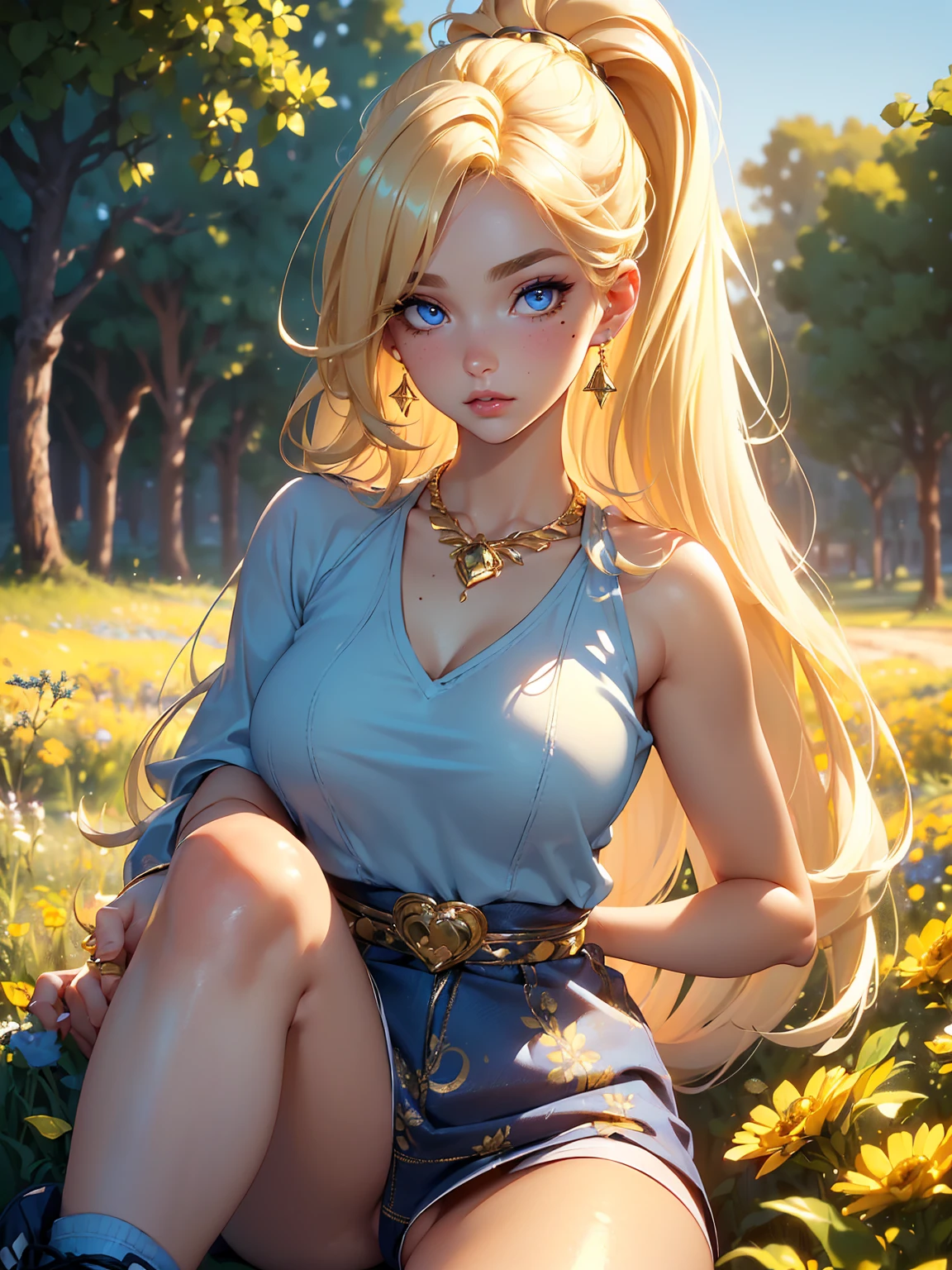 (((Blonde stunning hair))), (blue eyes), blue necklace, Golden earrings, Fit, Gorgeous Body, gorgeous, brown eyebrows, (two moles over lip), big pupils, (23 years old), 1girl,solo, complex skin, warm light, (large breasts), wide thighs, round butt, 5 fingers, ((blushing)), ((detailed face, best quality)),(beautiful detailed eyes), red lip, eyeshadow, beautiful face, long hair, very detailed eyes, intricate details in eyes, perfect lips, good lighting, ((masterpiece, Best quality, a high resolution, ultra detailed),(beautiful and aesthetically pleasing:1.2), 1 woman, high short ponytail, Beautiful, Detailed eyes and face, long oversized shirt, Converse sneakers, golden hour, Field of Flowers, complex parts