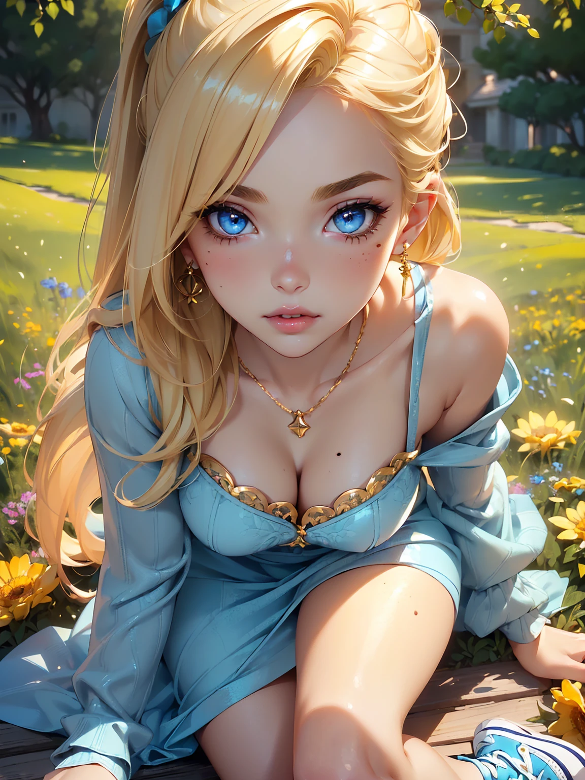 (((Blonde stunning hair))), (blue eyes), blue necklace, Golden earrings, Fit, Gorgeous Body, gorgeous, brown eyebrows, (two moles over lip), big pupils, (23 years old), 1girl,solo, complex skin, warm light, (large breasts), wide thighs, round butt, 5 fingers, ((blushing)), ((detailed face, best quality)),(beautiful detailed eyes), red lip, eyeshadow, beautiful face, long hair, very detailed eyes, intricate details in eyes, perfect lips, good lighting, ((masterpiece, Best quality, a high resolution, ultra detailed),(beautiful and aesthetically pleasing:1.2), 1 woman, high short ponytail, Beautiful, Detailed eyes and face, hot short shirt, Converse sneakers, golden hour, Field of Flowers, complex parts