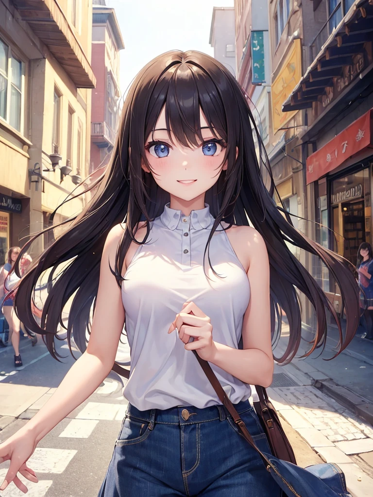 (masterpiece:1.5),(Beat quality),(high res),1girl solo,beautiful face,smile(shining eyes),upper body,light effects,Plainclothes woman,In the city during the day,summer