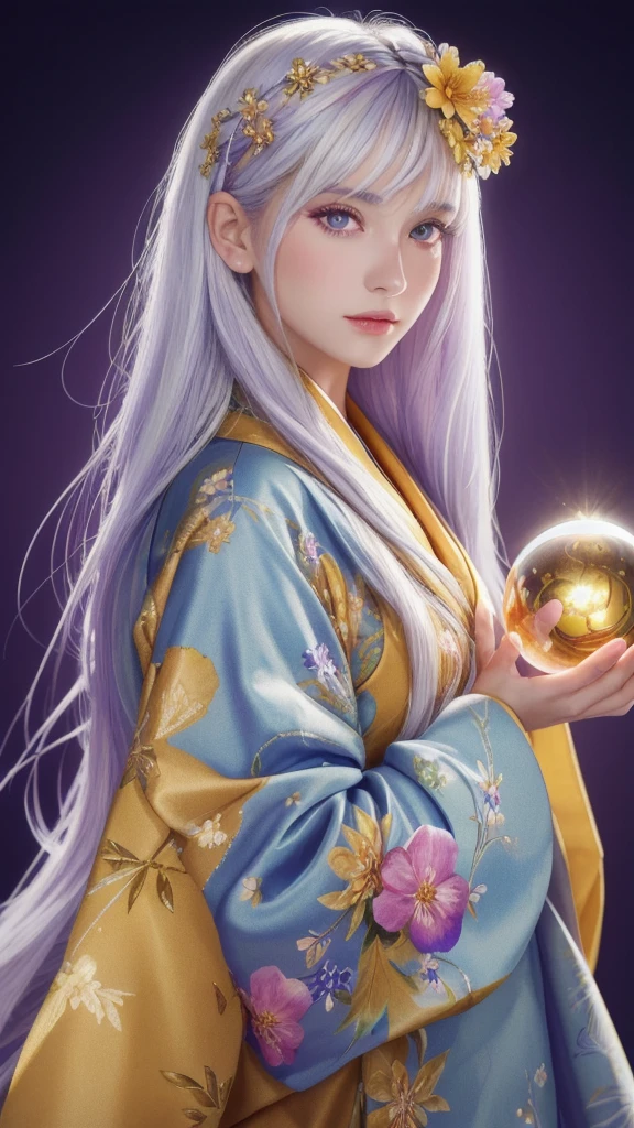 (masterpiece:1.3), (8k, photorealistic, RAW photo, highest quality:1.4), (one girl), beautiful face, (realistic face), (long hair), (silver hair, almost white hair, shiny hair, beautiful straight hair), (even bangs), (sharp bangs), straight hairstyle, realistic eyes, beautiful detailed eyes (purple eyes), (sharp eyes), (realistic skin), beautiful skin, (kimono), (magician-like kimono), (floral hair ornament), attractive, ultra high resolution, ultra realistic, highly detailed, golden ratio, colorful background, (flowers blooming), (energy dancing background), magician, facing front, facing from shoulder, looking straight ahead, holding crystal ball