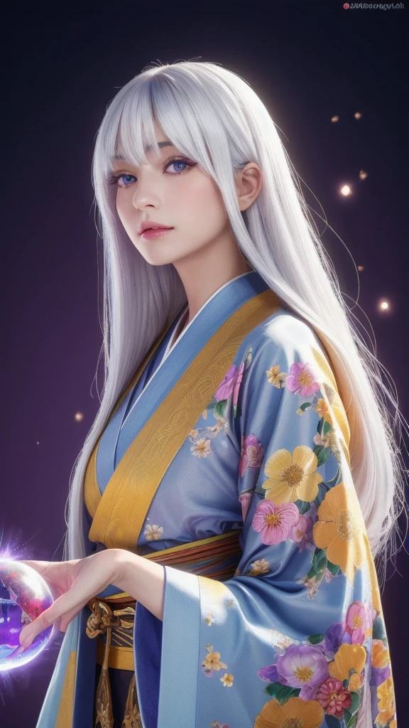 (masterpiece:1.3), (8k, photorealistic, RAW photo, highest quality:1.4), (one girl), beautiful face, (realistic face), (long hair), (silver hair, almost white hair, shiny hair, beautiful straight hair), (even bangs), (sharp bangs), straight hairstyle, realistic eyes, beautiful detailed eyes (purple eyes), (sharp eyes), (realistic skin), beautiful skin, (kimono), (magician-like kimono), (floral hair ornament), attractive, ultra high resolution, ultra realistic, highly detailed, golden ratio, colorful background, (flowers blooming), (energy dancing background), magician, facing front, facing from shoulder, looking straight ahead, holding crystal ball