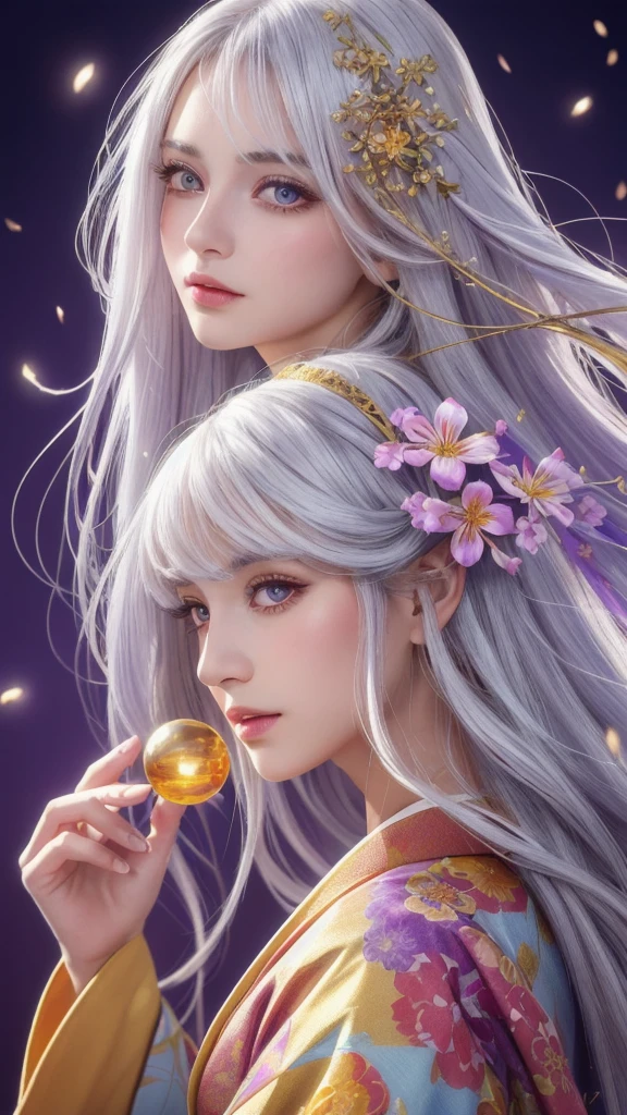 (masterpiece:1.3), (8k, photorealistic, RAW photo, highest quality:1.4), (one girl), beautiful face, (realistic face), (long hair), (silver hair, almost white hair, shiny hair, beautiful straight hair), (even bangs), (sharp bangs), straight hairstyle, realistic eyes, beautiful detailed eyes (purple eyes), (sharp eyes), (realistic skin), beautiful skin, (kimono), (magician-like kimono), (floral hair ornament), attractive, ultra high resolution, ultra realistic, highly detailed, golden ratio, colorful background, (flowers blooming), (energy dancing background), magician, facing front, facing from shoulder, looking straight ahead, holding crystal ball