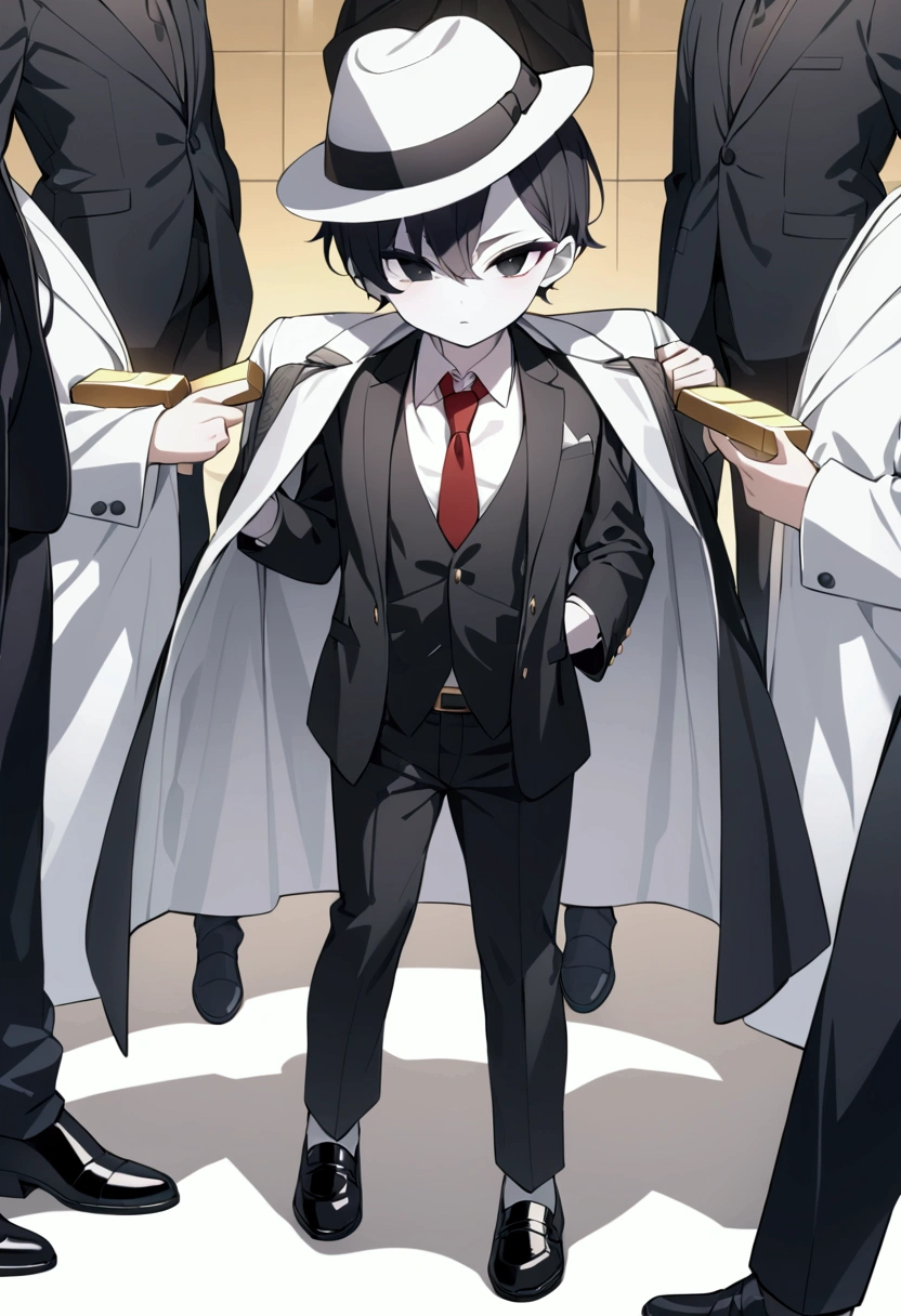 Masterpiece, children, boys, pale skin, black eyes, black hair, white shirt, black suits, black trousers, black shoes, white long jacket with gold bars on the shoulders, black short robe with feathers, black and white fedora hat, red reversible stole, sharp gaze, he's the mafia boss of the strongest mafia group