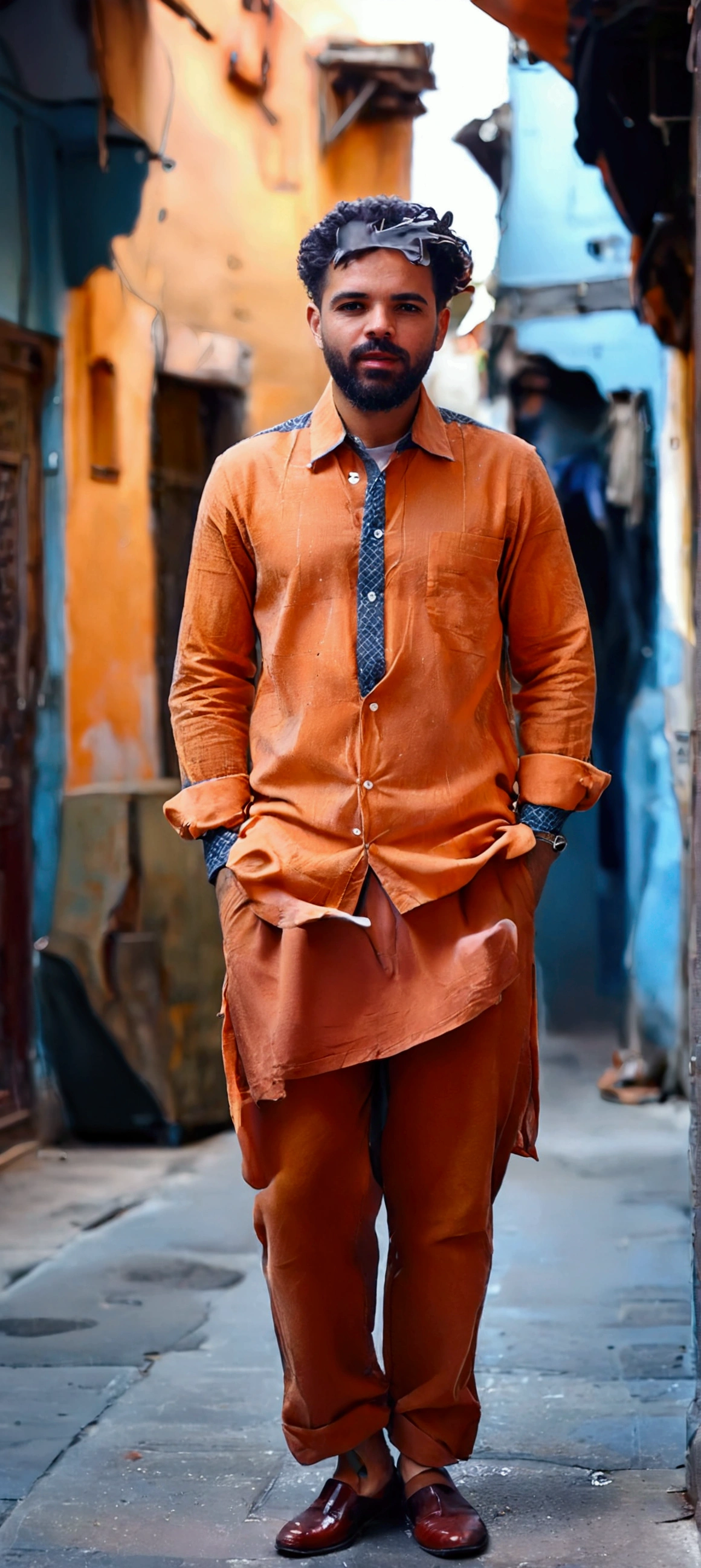 Moroccan man in a checkered shirt and gray trousers stands on a city street, gray and blue colors, masculinity, high-fashion, Shirt sleeves are not rolled up, and straight.Black sleeve cuffs. Men's fashion, modern fashionable outfit, a man walks through the city, gray-orange, orange and black tones, style by Greg Rutkowski, modern casual wear, cool style, Dressed in men's clothing from the 1970s, casual modern clothing, realistic, portrait of a man,AI language model, short hair, smart, energetic, cheerful, creative,