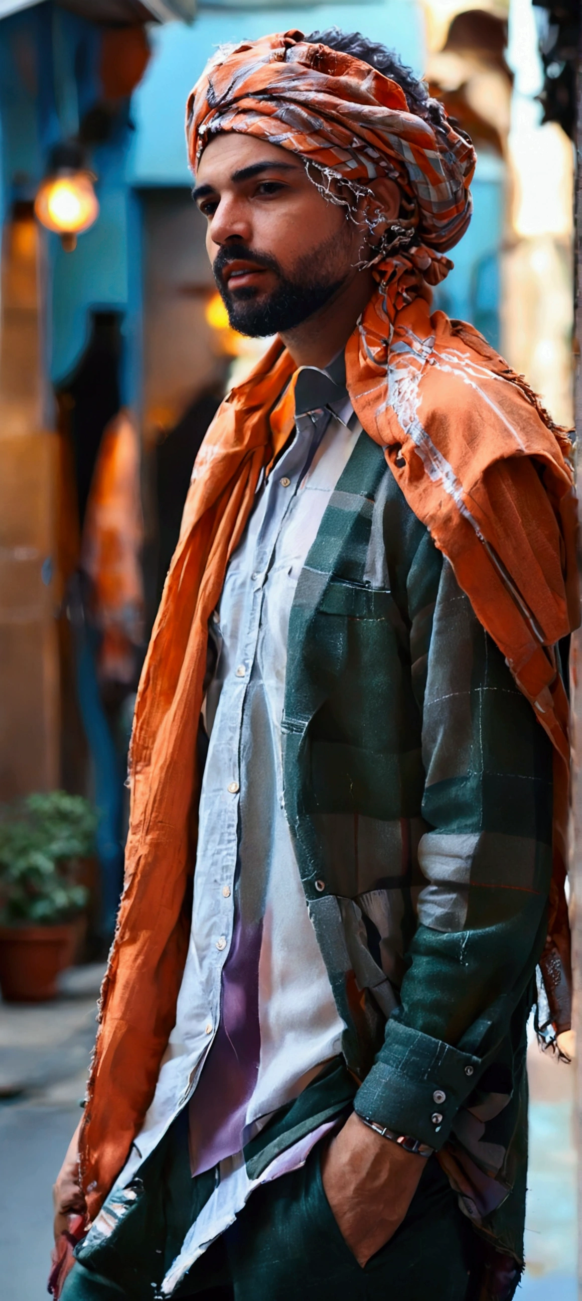 Moroccan man in a checkered shirt and gray trousers stands on a city street, gray and blue colors, masculinity, high-fashion, Shirt sleeves are not rolled up, and straight.Black sleeve cuffs. Men's fashion, modern fashionable outfit, a man walks through the city, gray-orange, orange and black tones, style by Greg Rutkowski, modern casual wear, cool style, Dressed in men's clothing from the 1970s, casual modern clothing, realistic, portrait of a man,AI language model, short hair, smart, energetic, cheerful, creative,