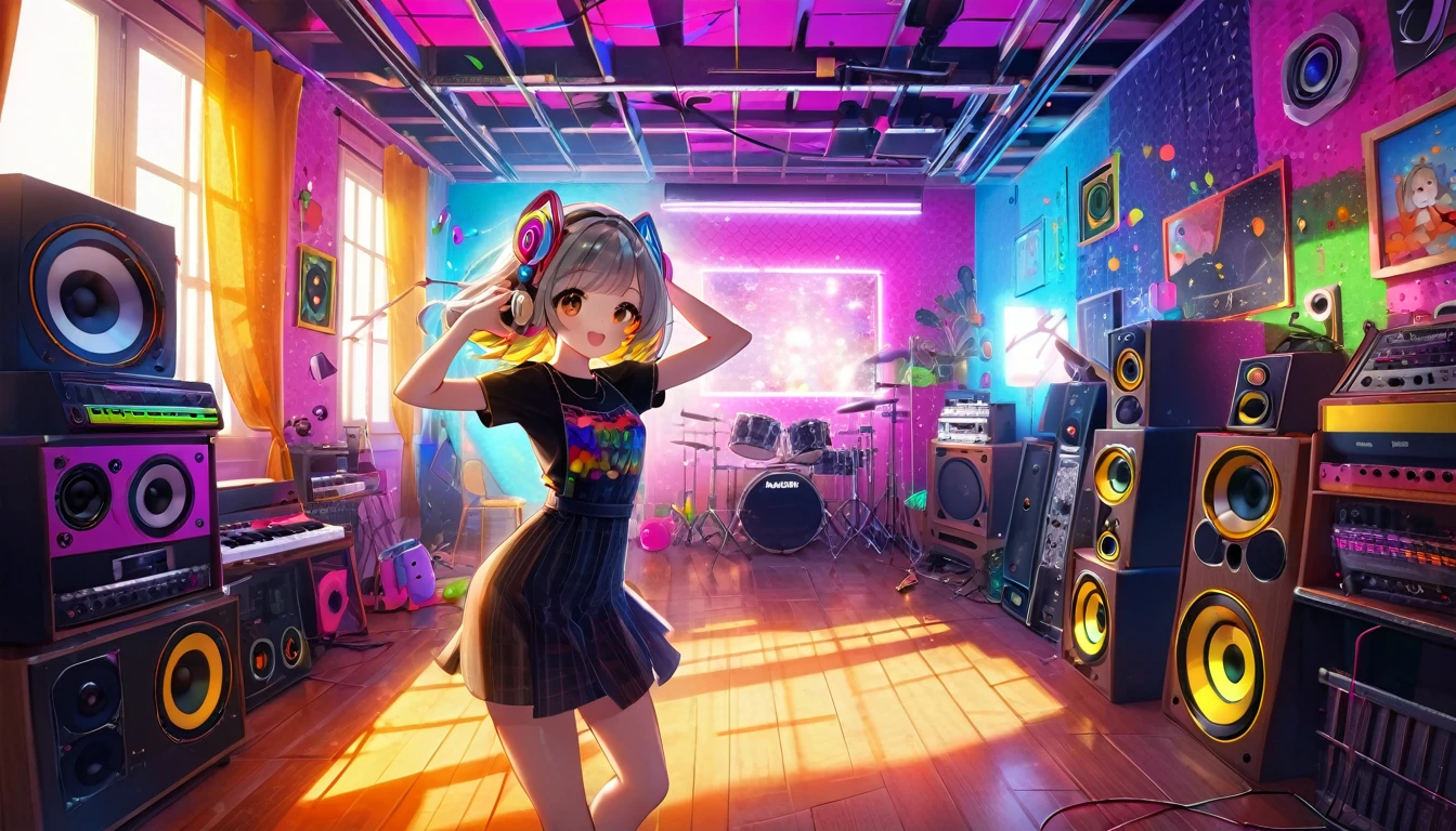 a cute girl in a colorful room, listening to techno music, dancing in attractive clothes, detailed face and expression, smooth atmosphere, photorealistic, ultra-detailed, 8k, best quality, cinematic lighting, vibrant colors