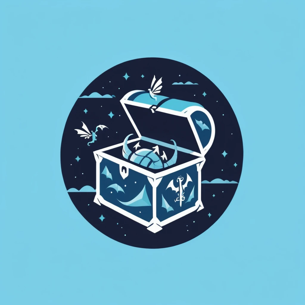 A logo with a treasure chest, with dragons, fairies and elves around you, minimalist, Dark blue, light blue and turquoise.
