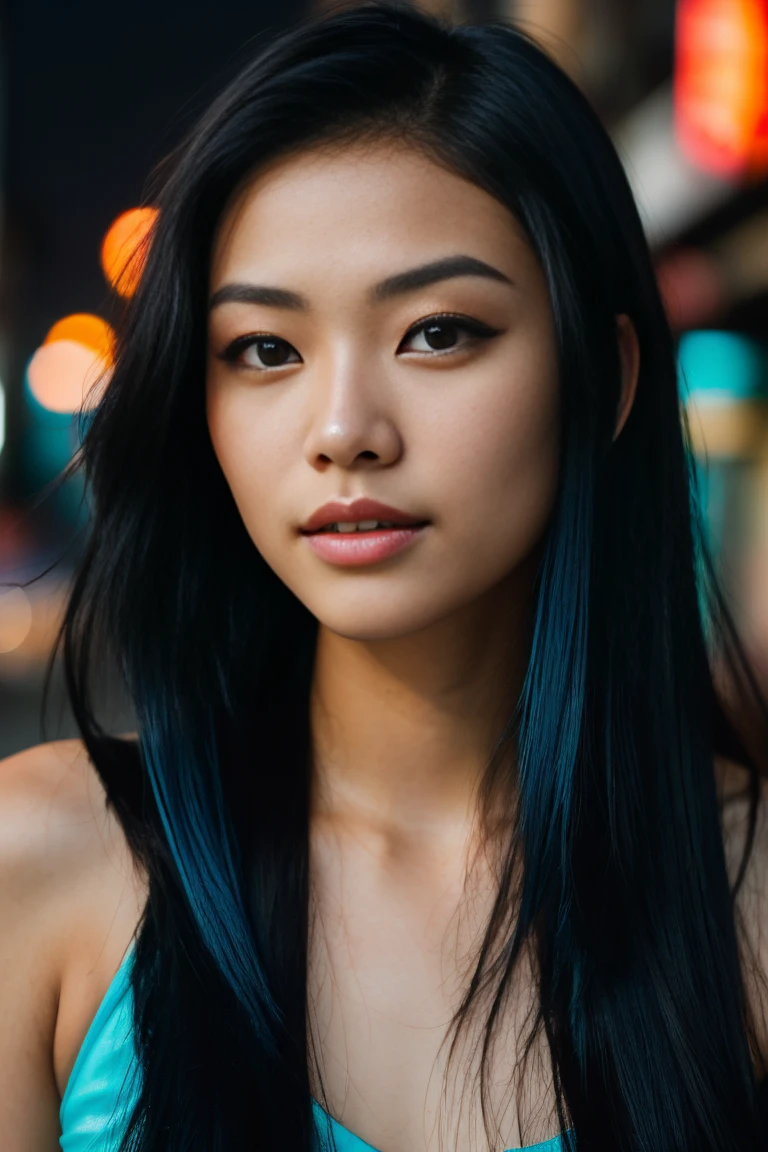arafed woman with long black hair with blue high lighs sitting on the beach, flowing black hair, with black hair (((with blue high lights))), photo of a beautiful woman, long flowing blck hair, pink golden hour, curly black hair, beautiful young asian woman, beautiful asian woman, wild ginger hair, pink wispy hair, light pink hair, a young asian woman, an asian woman, infp young woman, Portrait photo of a 24-year-old french girl in RAW UHD format (Brown-eyed woman) Walk down the dark alley, night city, Details (textures! , Hair! , glistering, Color!! , imperfections: 1.1), highly detailed glossy eyes (looking at the camera), DSLR Lighting, SLR camera, Ultra-Quality, sharpness, Depth of field, Film grain (Downtown), Fujifilm XT3, Crystal clear, Frame Center, beatiful face, sharp-focus, neon lighting, bokeh (dimly lit), night time, (night sky), detailed skin pores, oilly skin, suntan, Complex eye details, (((beautiful face))),