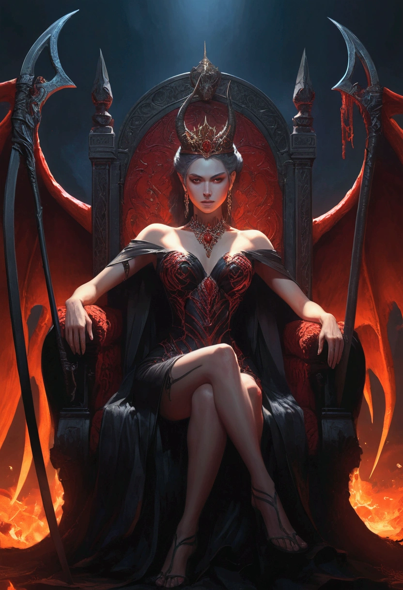 arafed woman sitting on a throne with a scythe and a scythe, beautiful elegant demon queen, queen of hell, queen of the underworld, diablo 4 lilith, diablo 4 queen, perched on intricate throne, on her throne, sitting on intricate throne, cushart krenz key art feminine, goddess of anger, sitting on her throne