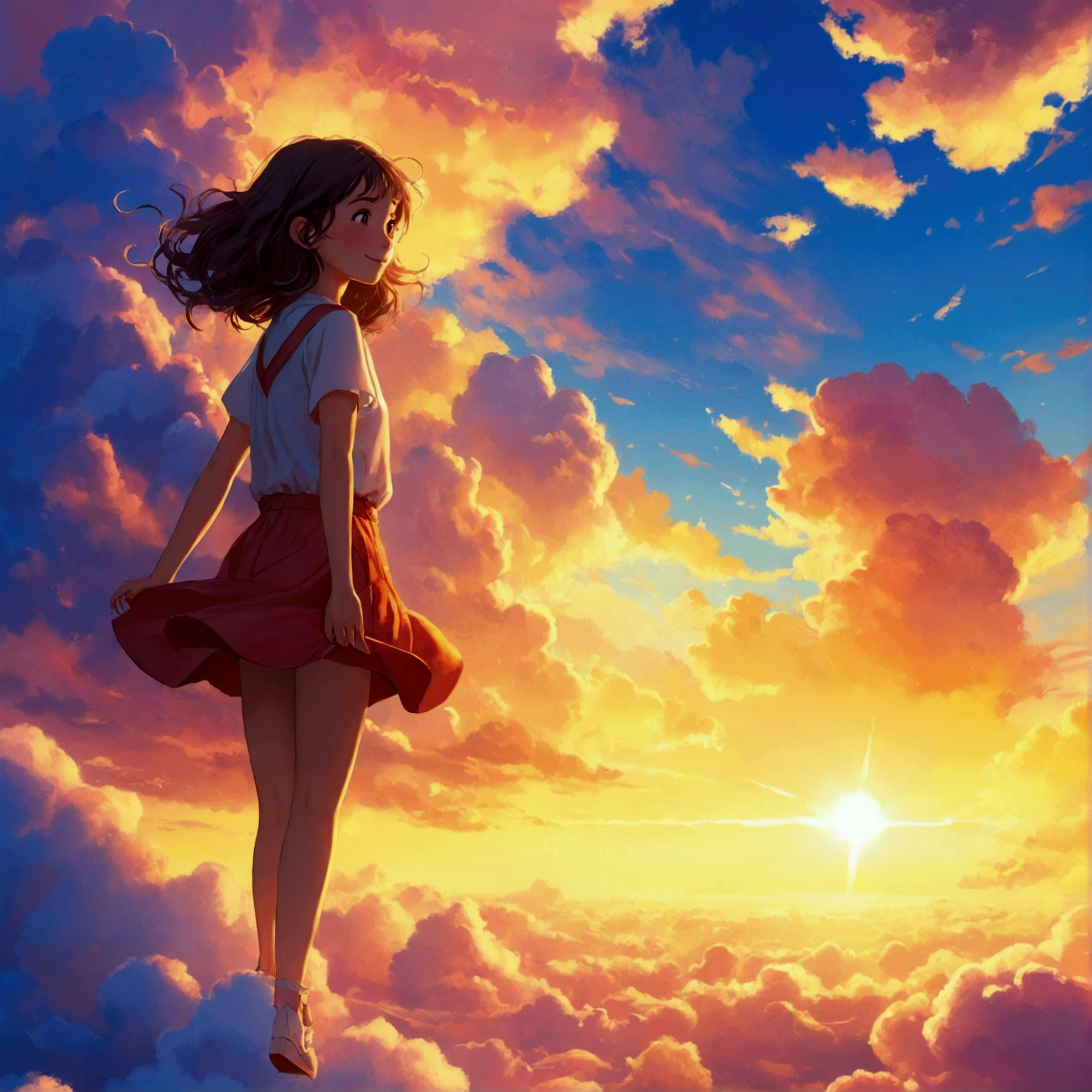 masterpiece, Highest quality, Movie stills, One girl, Cloud Girl, Floating in the sky, close, bright, Happy, Warm and soft lighting, sunset, (spark:0.7)