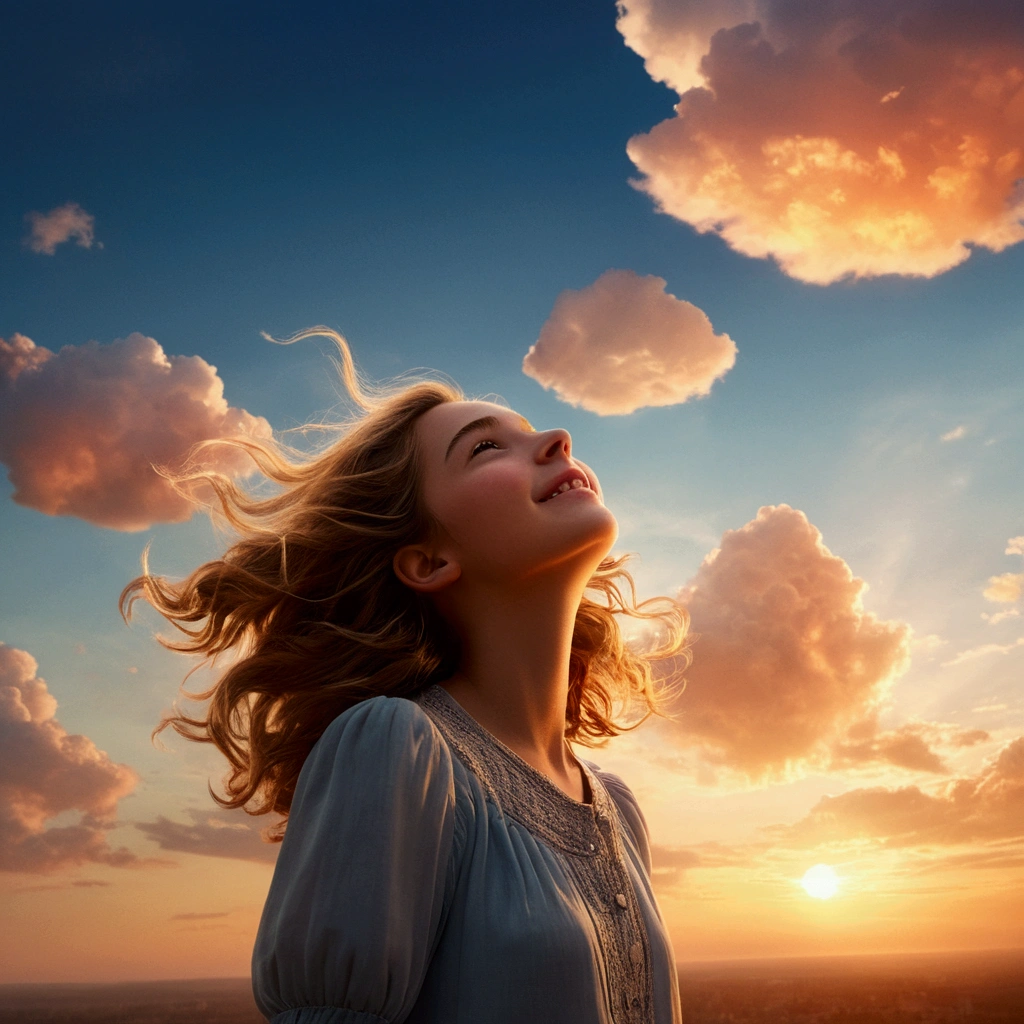 masterpiece, Highest quality, Movie stills, One girl, Cloud Girl, Floating in the sky, close, bright, Happy, Warm and soft lighting, sunset, (spark:0.7)