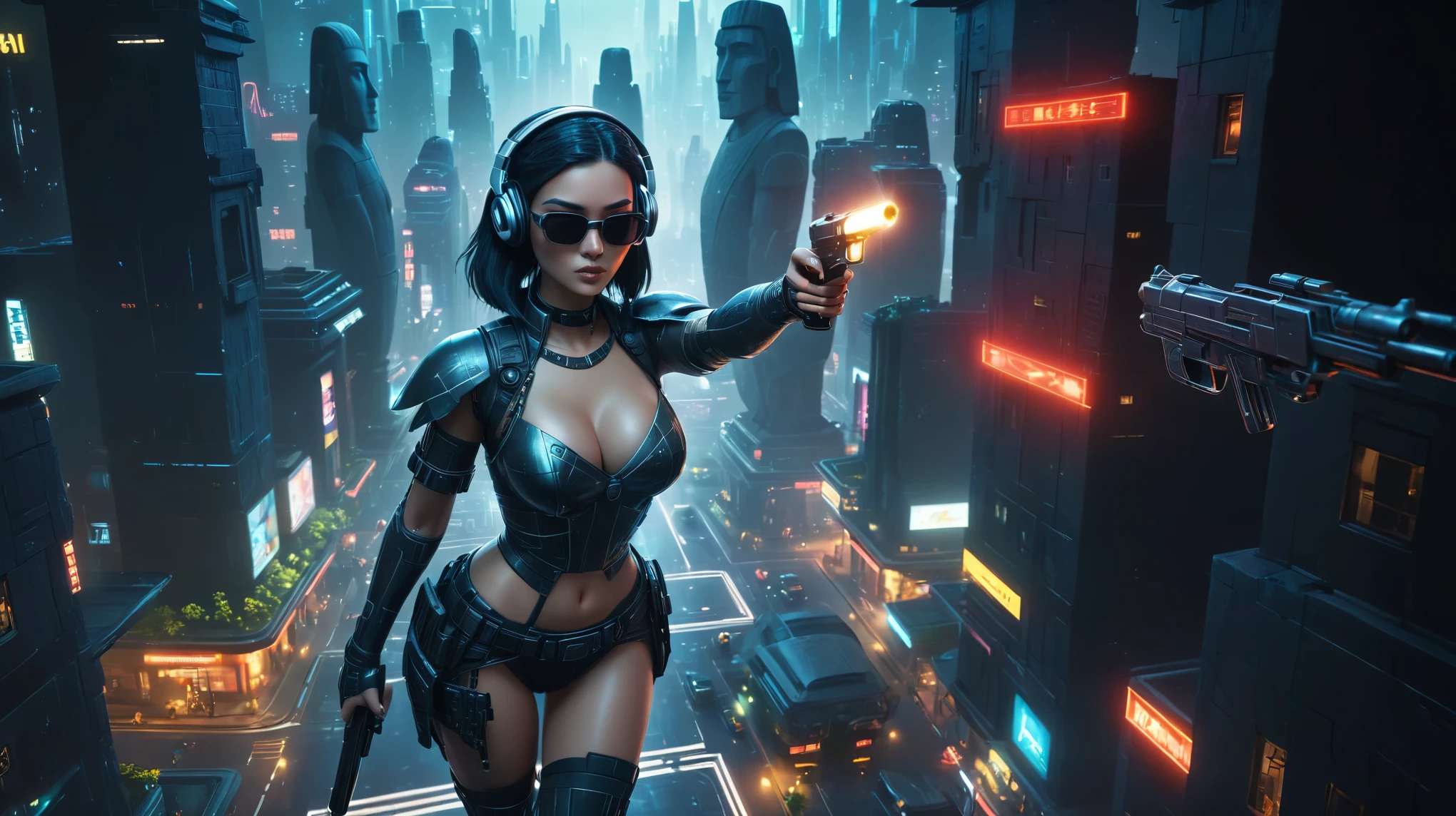 At night, dark sky, distant shot aerial view of fantasy cyberpunk style ((Moai-statue)) city, ((flying vehicle)). ((1girl, solo, alone)), medium-breast:1.1 slim body, cleavage, sexy clothes, (headphone, black sunglasses, long black realistic hair), (((hip-up standing and holding pistol))), half-body thigh level medium shot, cinematic lighting.