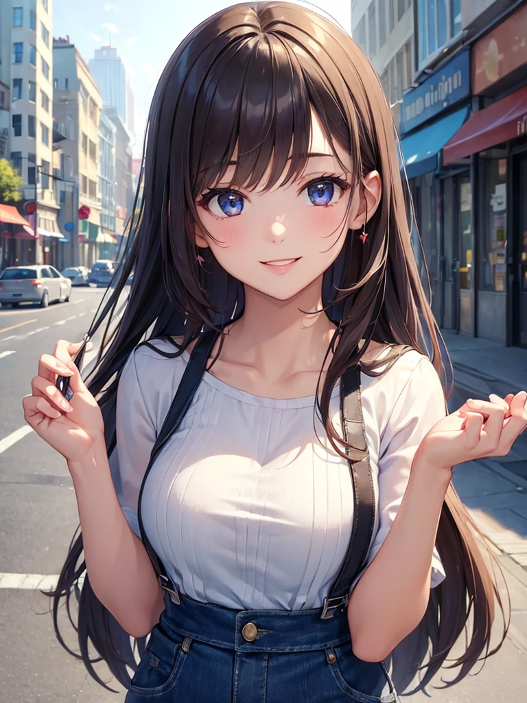 (masterpiece:1.5),(Beat quality),(high res),1girl solo,beautiful face,smile(shining eyes),upper body,light effects,Plainclothes woman,In the city during the day,summer