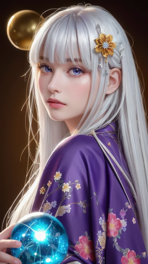 (masterpiece:1.3), (8k, photorealistic, RAW photo, highest quality:1.4), (one girl), beautiful face, (realistic face), (long hair), (silver hair, almost white hair, shiny hair, beautiful straight hair), (even bangs), (sharp bangs), straight hairstyle, realistic eyes, beautiful detailed eyes (purple eyes), (sharp eyes), (realistic skin), beautiful skin, (kimono), (magician-like kimono), (floral hair ornament), attractive, ultra high resolution, ultra realistic, highly detailed, golden ratio, colorful background, (flowers blooming), (energy dancing background), magician, facing front, facing from shoulder, looking straight ahead, holding crystal ball