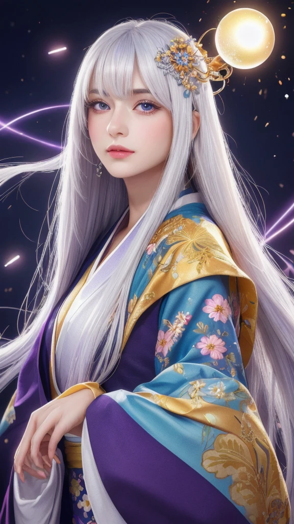 (masterpiece:1.3), (8k, photorealistic, RAW photo, highest quality:1.4), (one girl), beautiful face, (realistic face), (long hair), (silver hair, almost white hair, shiny hair, beautiful straight hair), (even bangs), (sharp bangs), straight hairstyle, realistic eyes, beautiful detailed eyes (purple eyes), (sharp eyes), (realistic skin), beautiful skin, (kimono), (magician-like kimono), (floral hair ornament), attractive, ultra high resolution, ultra realistic, highly detailed, golden ratio, colorful background, (flowers blooming), (energy dancing background), magician, facing front, facing from shoulder, looking straight ahead, holding crystal ball