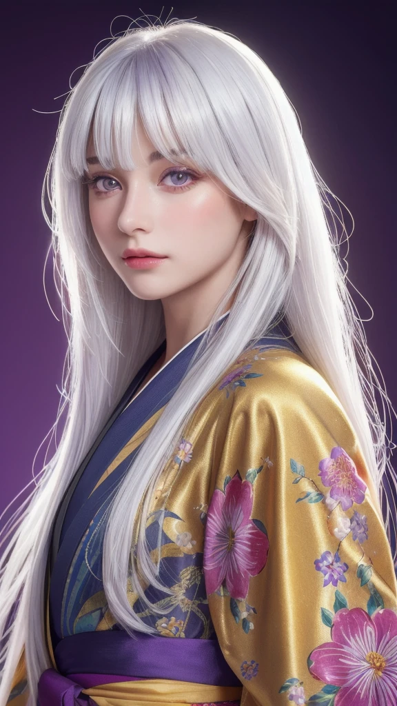 (masterpiece:1.3), (8k, photorealistic, RAW photo, highest quality:1.4), (one girl), beautiful face, (realistic face), (long hair), (silver hair, almost white hair, shiny hair, beautiful straight hair), (even bangs), (sharp bangs), straight hairstyle, realistic eyes, beautiful detailed eyes (purple eyes), (sharp eyes), (realistic skin), beautiful skin, (kimono), (magician-like kimono), (floral hair ornament), attractive, ultra high resolution, ultra realistic, highly detailed, golden ratio, colorful background, (flowers blooming), (energy dancing background), magician, facing front, facing from shoulder, looking straight ahead, holding crystal ball
