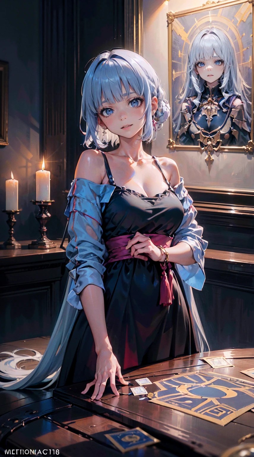 Beautiful fortune teller,1 Girl,Off-shoulder dress,Moderate hair,Moderate ,Exposed collarbone,Tear mole,Gorgeous Tarot Cards,Candlelight room,Flowing robe,(best quality,4K,8K,high resolution,masterpiece:1.2),Extremely detailed,(Practical,photoPractical,photo-Practical:1.37),fantasy,Intricate details,Dramatic Lighting,Melancholy atmosphere,Rich colors