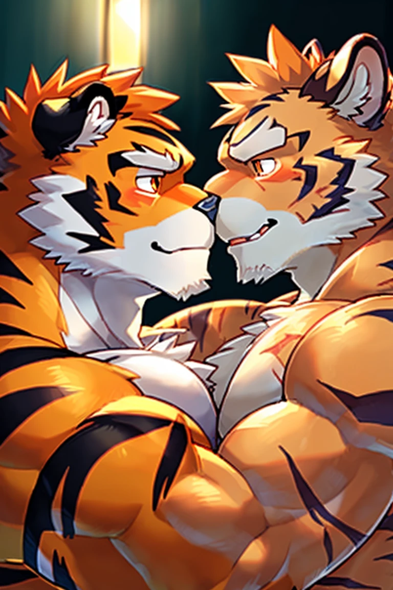 human nature, Wildlife, male,36 years old，Uncle， Double, ((Round Face, The face is plump,Orange eyes,Thick orange hair，With scars)), ((Endomorph, Handsome，Hot Blood)), （Naked，kiss，Love), ((domestic tiger, tiger，) Fluffy fur, Fluffy), Bokeh, (high quality, high resolution, masterpiece), (Dynamic Lighting, Vibrant colors), (Revitalize，Physical contact，Ambiguous actions), Full body picture (close up), cartoon, author：Takemoto Arashi, From zixiong, By Chunni, author：Empty Ghost，（background：Ambiguous bedroom）