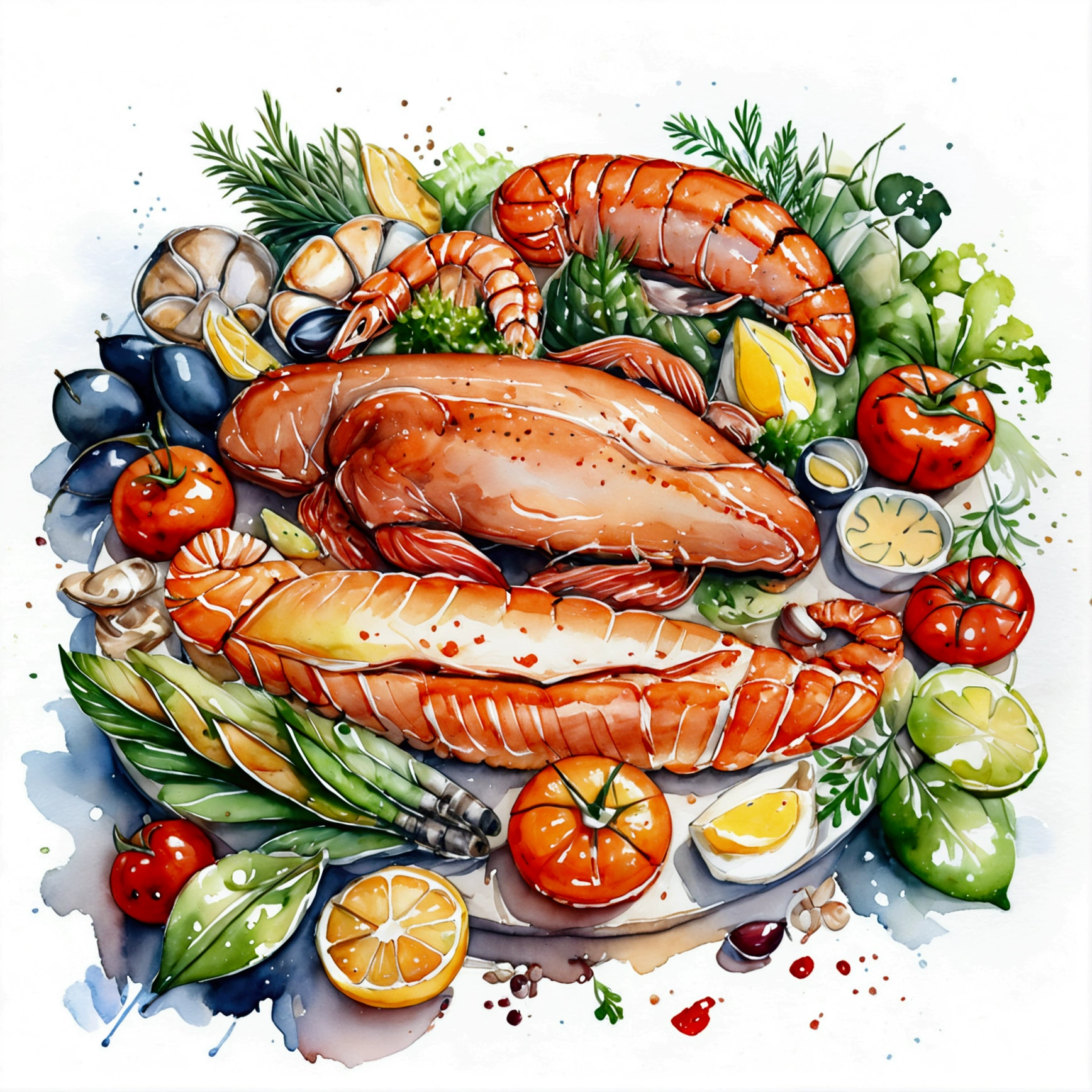 modern meat and seafood food stall of healthy food, illustration, isolated with solid white background, surrounded with negative space, centered composition, 8k, highest detailed painting, very precise painting, Isolated, clear solid white background, perspective angle of view, cartoon style, ((watercolor:1)), clip art, (lora:add-detail-xl:1), (masterpiece), (best quality),