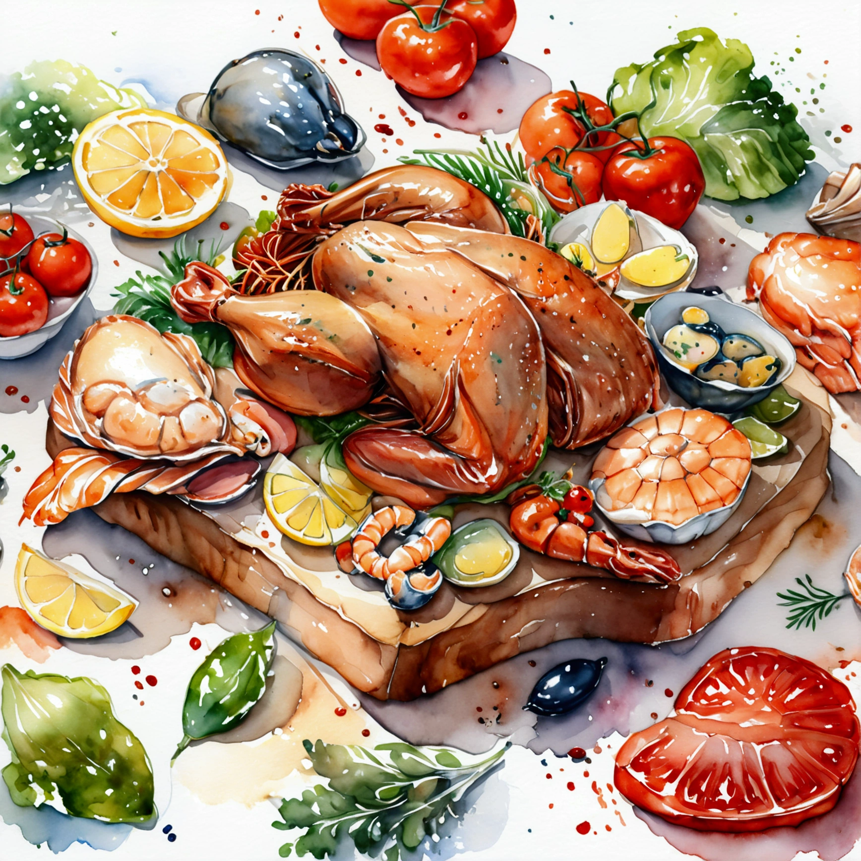 modern meat and seafood food stall of healthy food, illustration, isolated with solid white background, surrounded with negative space, centered composition, 8k, highest detailed painting, very precise painting, Isolated, clear solid white background, perspective angle of view, cartoon style, ((watercolor:1)), clip art, (lora:add-detail-xl:1), (masterpiece), (best quality),