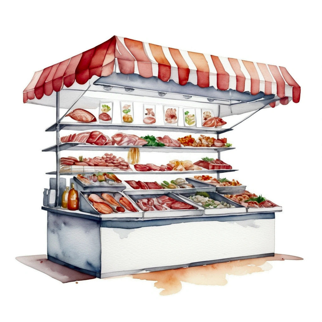 modern meat and seafood food stall of healthy food, illustration, isolated with solid white background, surrounded with negative space, centered composition, 8k, highest detailed painting, very precise painting, Isolated, clear solid white background, perspective angle of view, cartoon style, ((watercolor:1)), clip art, (lora:add-detail-xl:1), (masterpiece), (best quality),