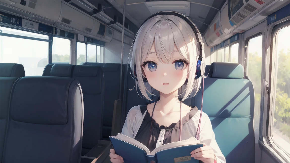 Highest quality, Super quality, 16K, Incredibly absurd, Very detailed, 2.5D, Delicate and dynamic depiction,people、Cute girl with headphones、In the bus、Book