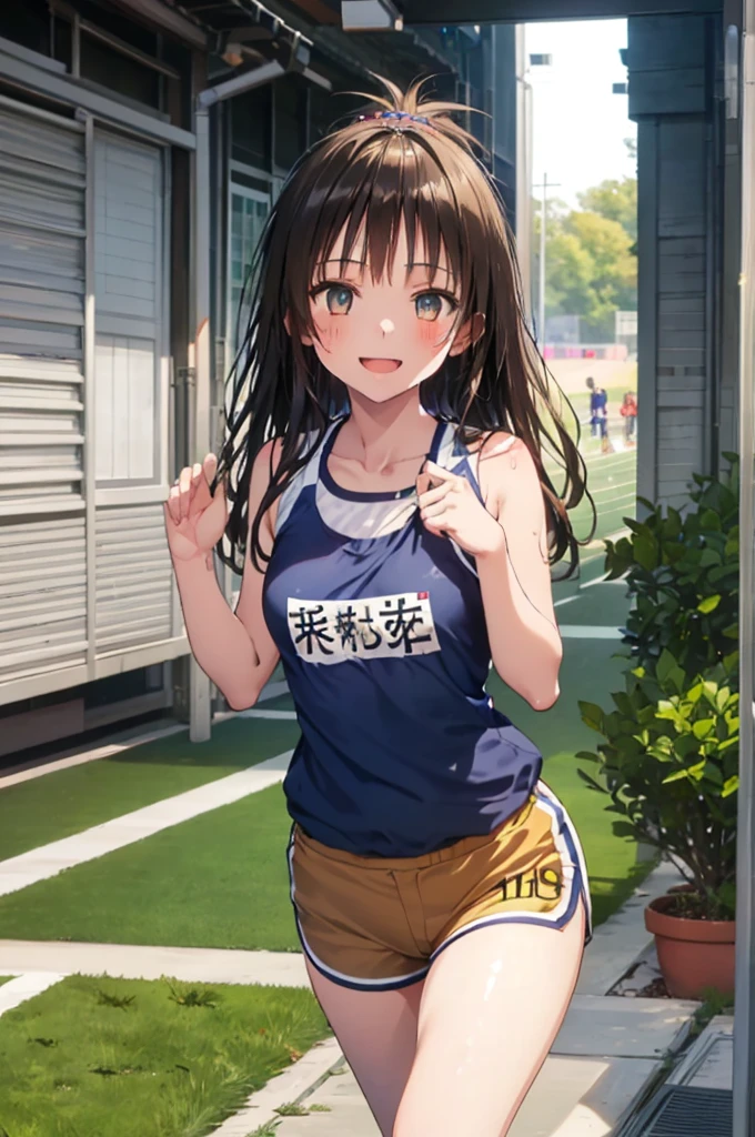 Highest quality、Bras for elementary school students、Beige shorts、Cool look、Sexy pose in room、Armpit sweat、Grass、Ecstasy face((Tabletop)), (1 Girl:2.0), (Highly detailed face, smile) , (Physically slim), (Japanese Girls), ((Track and field club member, Long-distance runner)), Slightly round face, cute, Big eyes