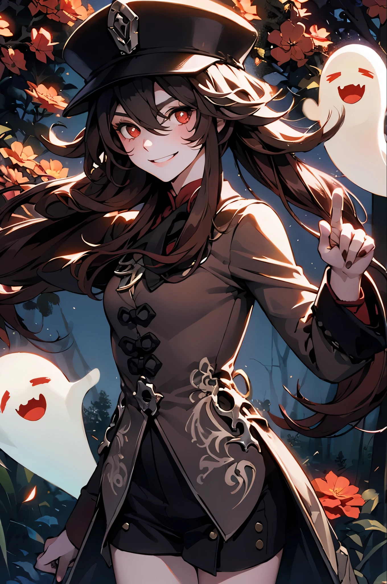 1 girl solo, brown jacket, long brown hair, red eyes, brown hat with red flowers, white ghost smiling, outside in a swampy forest at night, swamp lights, ghost figures around, blue lights flying in the air, will-o-the-wisp