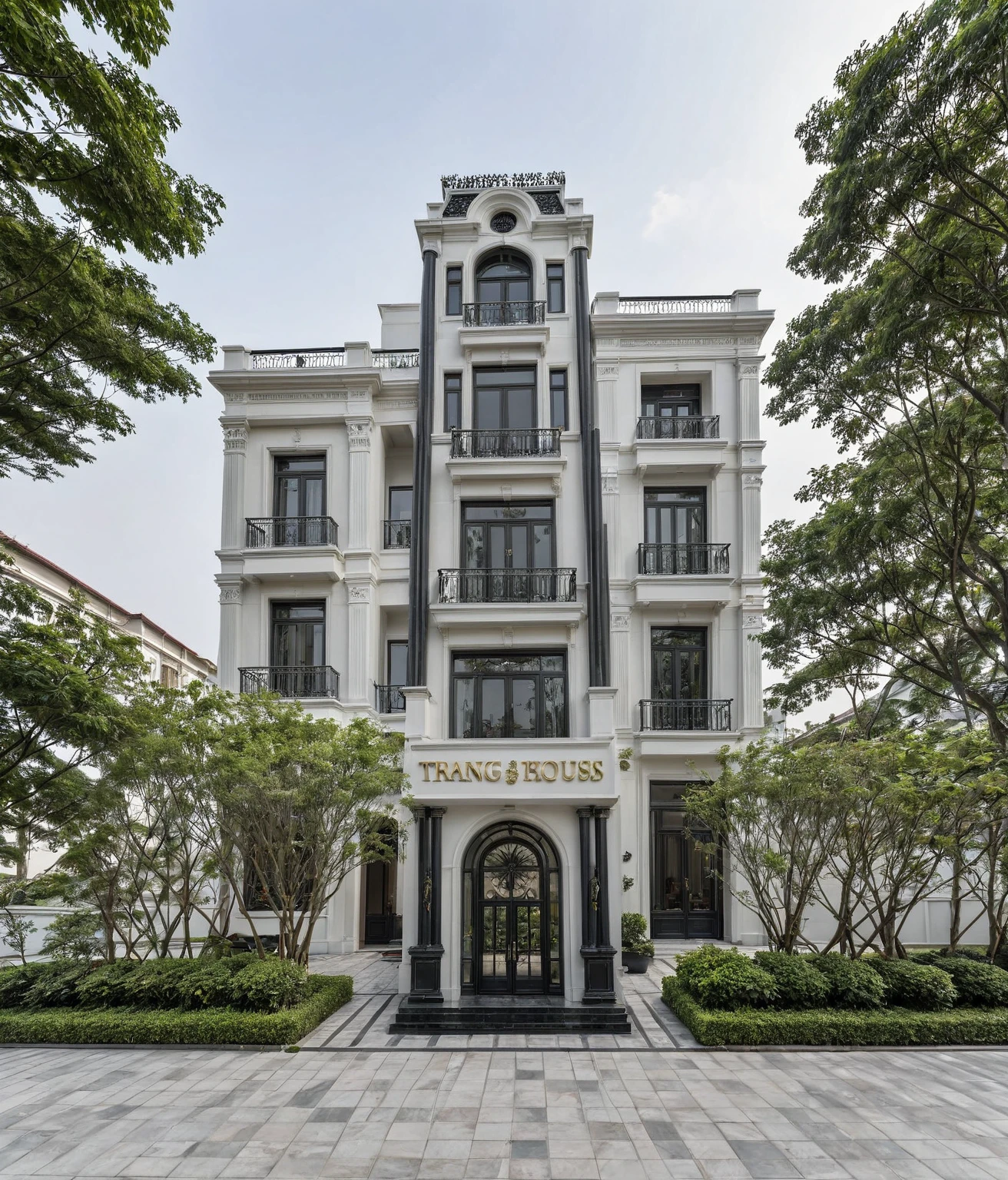 RAW photo,Exterior neo classic house, Inspired by French architecture, neo classic style, black and white, ((Highly detailed sculpted cornices at the tops of columns and walls)), French style roof, townhouse in residential area, The building is located in an urban area of Hanoi Vietnam, mix white and black steel facade, facing the road, (sidewalks), (sidewalk trees), (gate), (ultra realistic), (super high details:1.5), clean white sky, natural lighting, (curvilinear architecture:1.2), (sharpen:1.2), 8k uhd, dslr, soft lighting, high quality, film grain, Fujifilm XT3