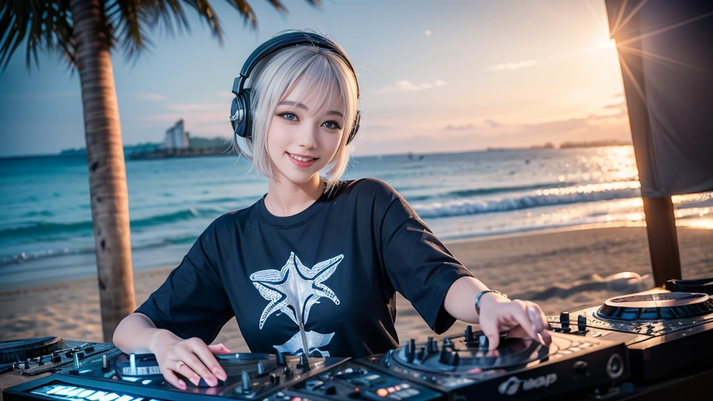 (ultra - detailed, 16K resolution, Cinema lenses, rendering by octane), (high resolution:1.18), intricate detail, (masterpiece:1.1), (highest quality:1.1), (1girl, portrait, white hair, blue eyes, short hair, detailed eyes),Wearing silver DJ headphones, sequined T-shirt, (in the beach:1.5), (Iconic hip-hop pop costumes:1.3), Smile while DJing on stage, DJ studio next to the beach, ((A stylish DJ stage on a hill overlooking the beach)), full body shot, Photorealistic photography by Sunshine, (cute round face:1.3), perfect fingers, five fingers, beautiful hands, perfect hands. master peace, cute smile.