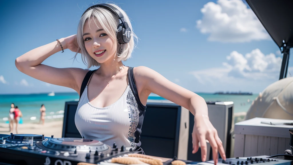 (ultra - detailed, 16K resolution, Cinema lenses, rendering by octane), (high resolution:1.18), intricate detail, (masterpiece:1.1), (highest quality:1.1), (1girl, portrait, white hair, blue eyes, short hair, detailed eyes),Wearing silver DJ headphones, sequined T-shirt, (in the beach:1.5), (Iconic hip-hop pop costumes:1.3), Smile while DJing on stage, DJ studio next to the beach, ((A stylish DJ stage on a hill overlooking the beach)), full body shot, Photorealistic photography by Sunshine, (cute round face:1.3), perfect fingers, five fingers, beautiful hands, perfect hands. master peace, cute smile.