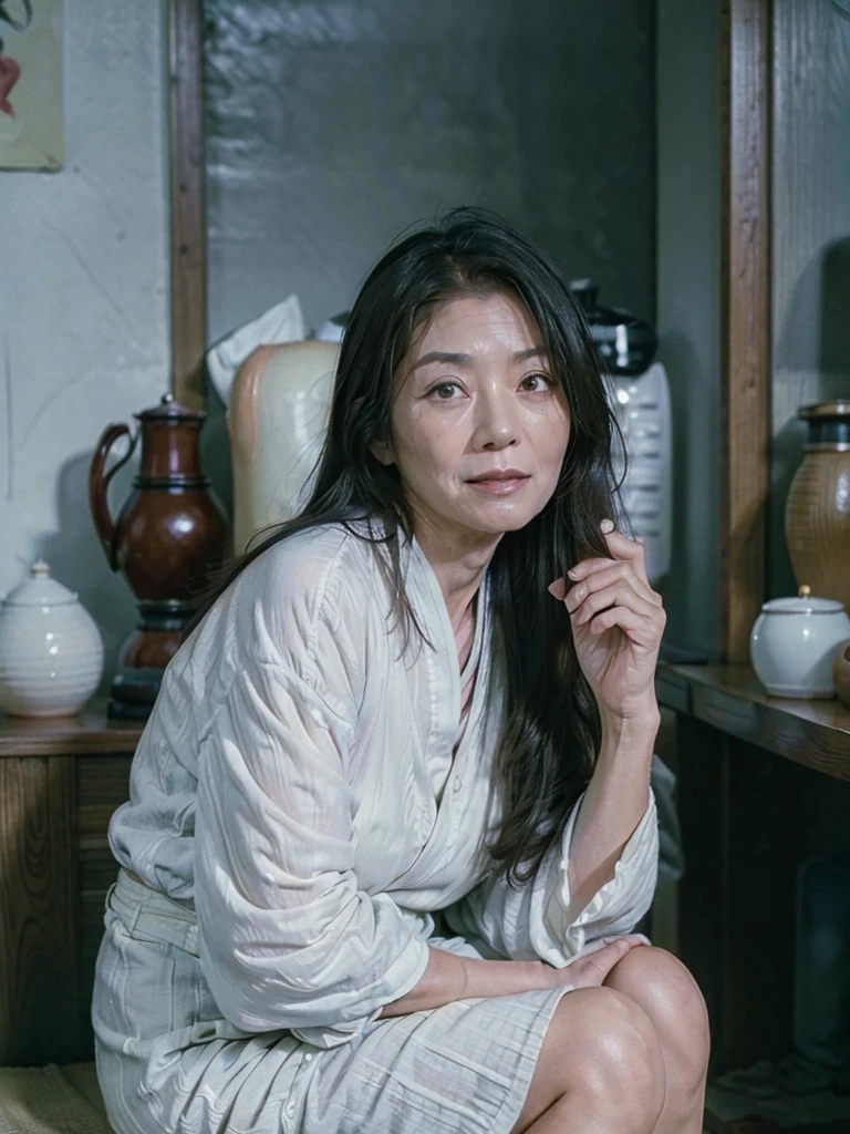 (masterpiece:1.4), (High resolution : 1.3), (Retro Photography : 1.1), (Desaturated colors : 1.3), (Film Grain : 1.1), (A scene from an old Japanese movie), (Sitting : 1.3), (60-year-old woman:1.5),(Facial wrinkles:1.2),Captivating smile, (Long Hair : 1.1), (wearing only white underwear), Mature Woman, Detailed Background, A room in a traditional Japanese house