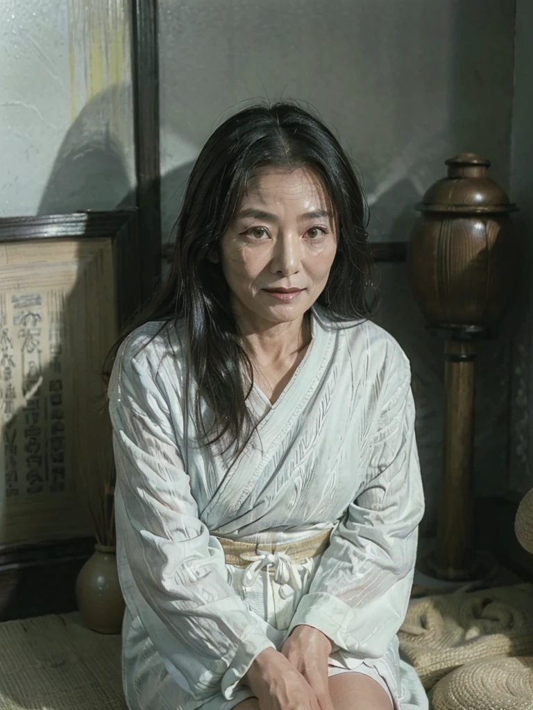(masterpiece:1.4), (High resolution : 1.3), (Retro Photography : 1.1), (Desaturated colors : 1.3), (Film Grain : 1.1), (A scene from an old Japanese movie), (Sitting : 1.3), (60-year-old woman:1.5),(Facial wrinkles:1.2),Captivating smile, (Long Hair : 1.1), (wearing only white underwear), Mature Woman, Detailed Background, A room in a traditional Japanese house